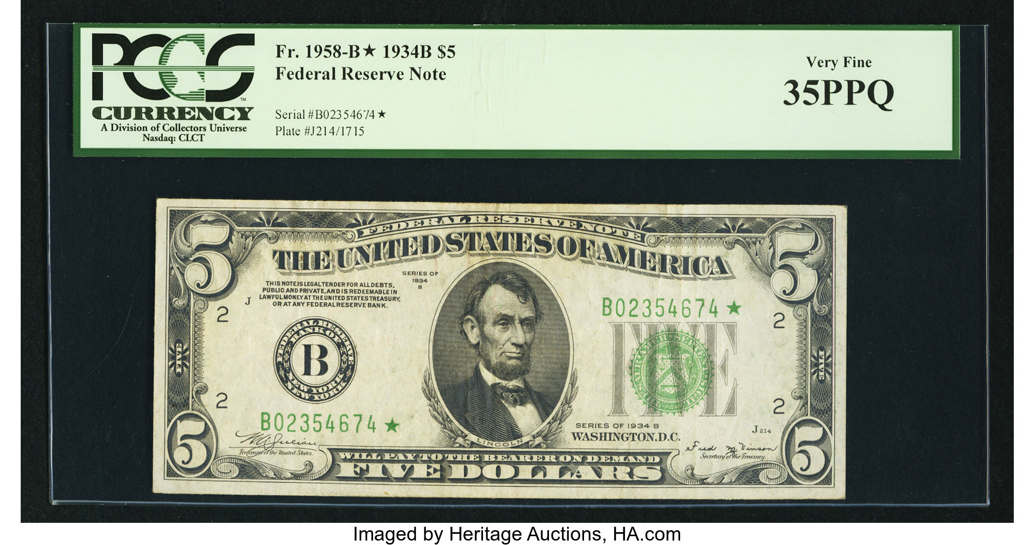 image for: Fr. 1958-B* $5 1934B Federal Reserve Star Note. PCGS Very Fine 35PPQ....