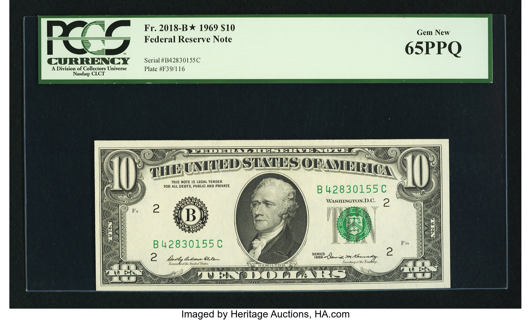 image for: Fr. 2018-B $10 1969 Federal Reserve Note. PCGS Gem New 65PPQ....