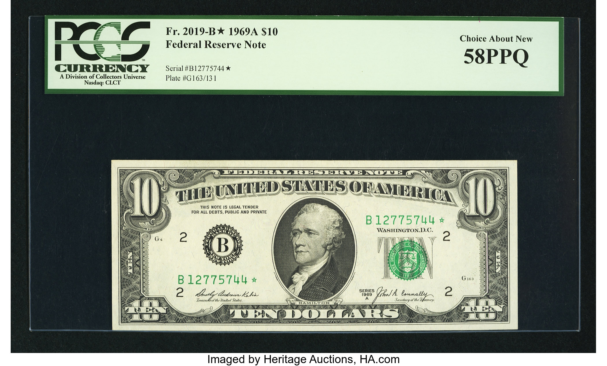 image for: Fr. 2019-B* $10 1969A Federal Reserve Star Note. PCGS Choice About New 58PPQ....