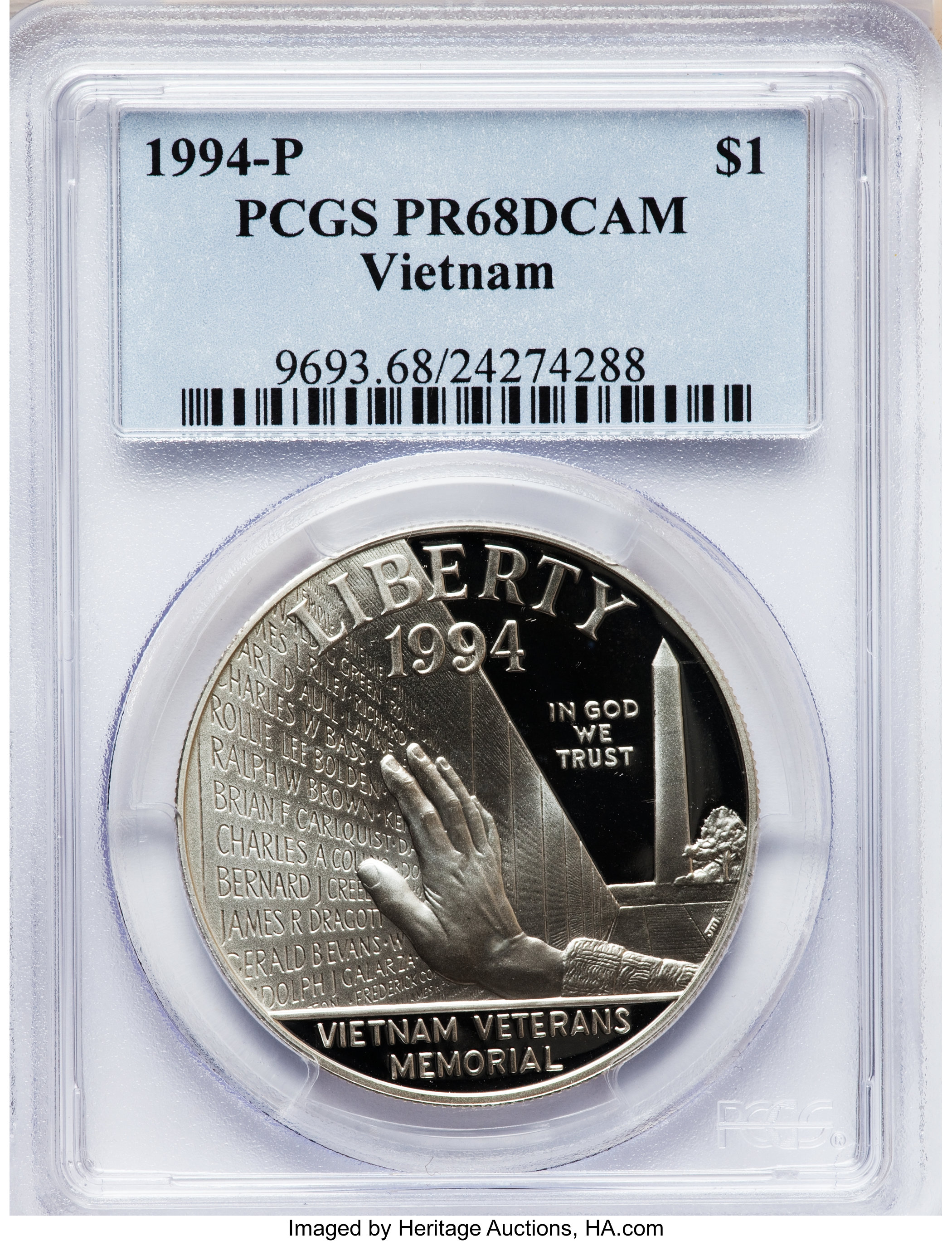 1994-P $1 Vietnam Veterans Memorial Silver Dollar PR68 Deep Cameo PCGS. PCGS Population (370/2035). NGC Census: (98/2435). ...