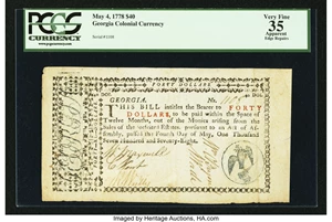 image for: Georgia May 4, 1778 $40 PCGS Apparent Very Fine 35....