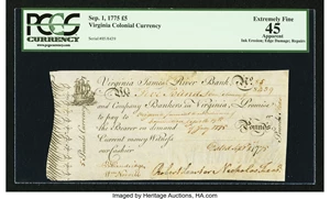 image for: Virginia September 1, 1775 £5 James River Bank PCGS Apparent Extremely Fine 45....