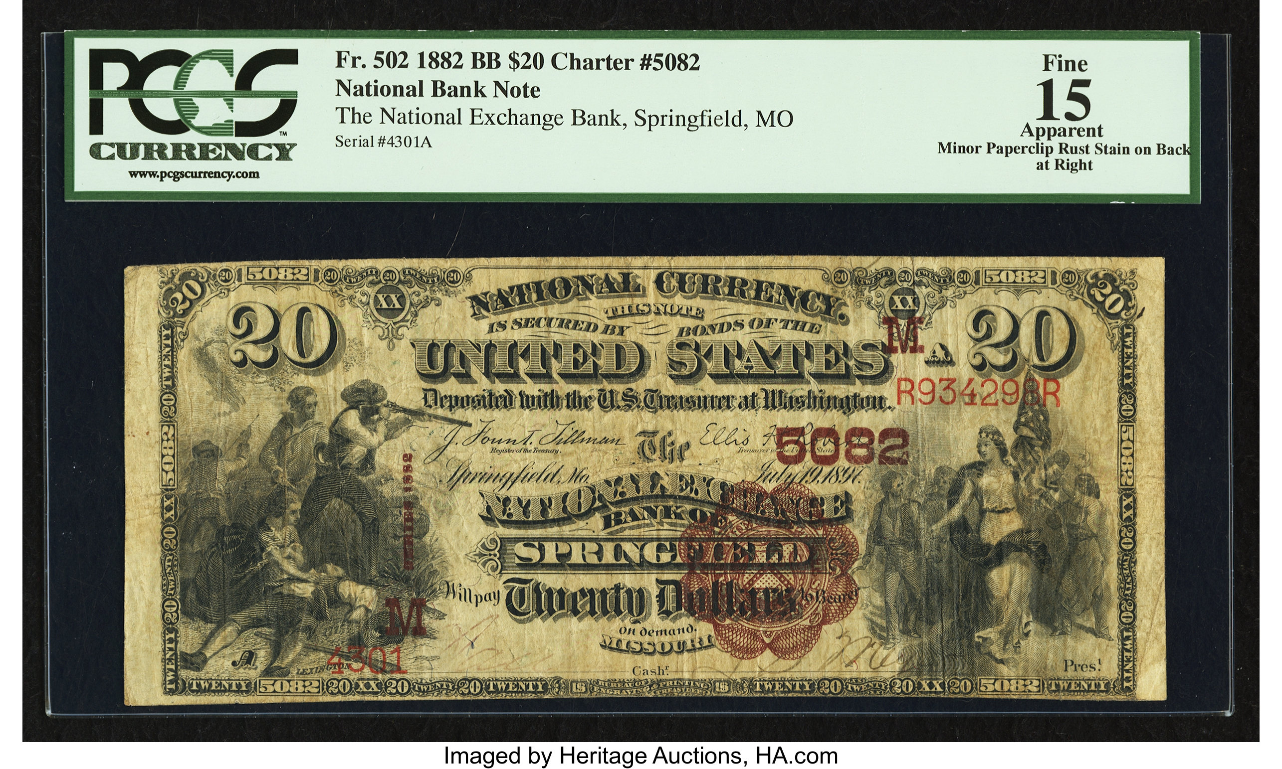 image for: Springfield, MO - $20 1882 Brown Back Fr. 502 The National Exchange Bank Ch. # (M)5082...