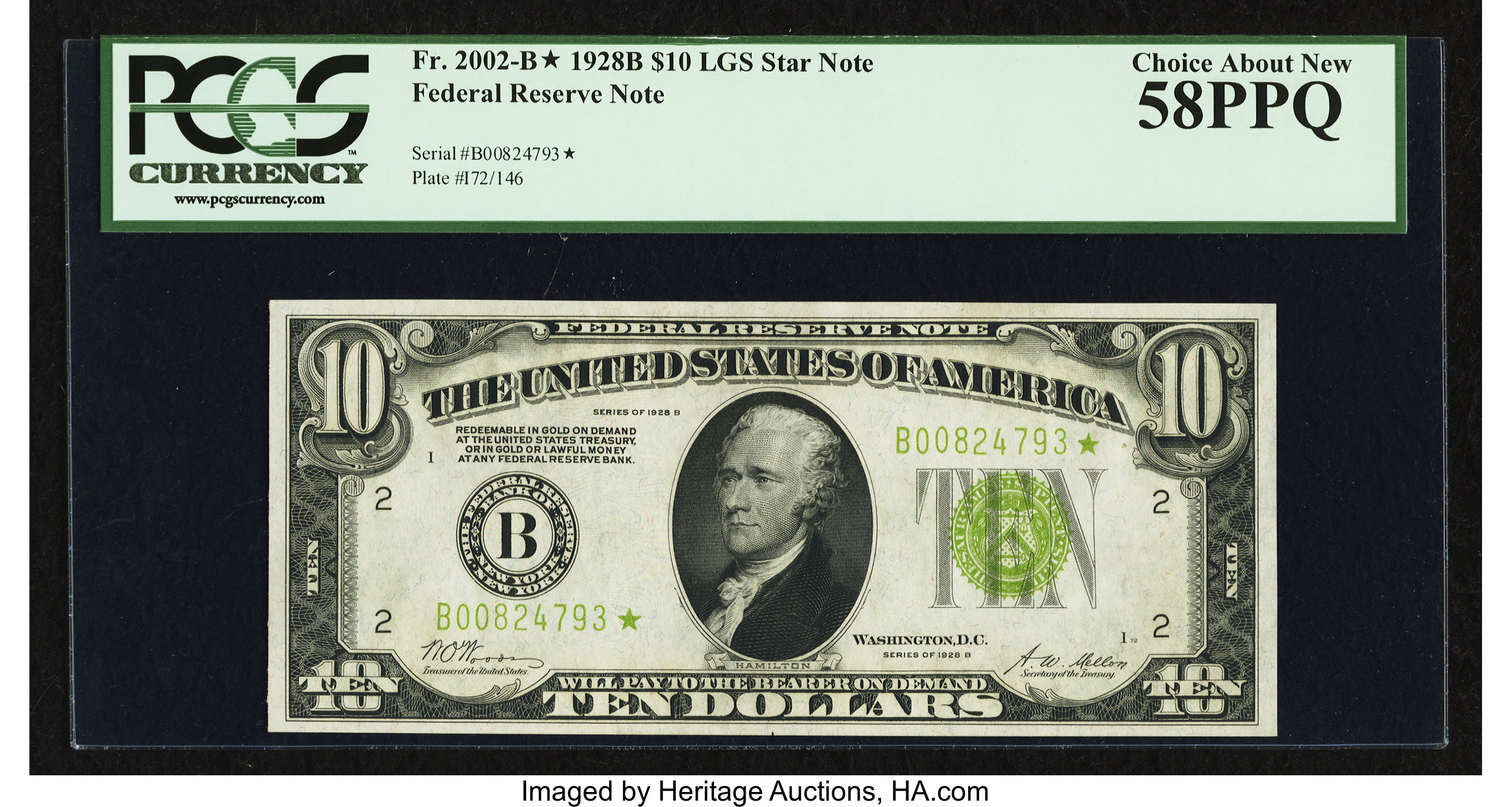image for: Fr. 2002-B* $10 1928B Light Green Seal Federal Reserve Note. PCGS Choice About New 58PPQ....