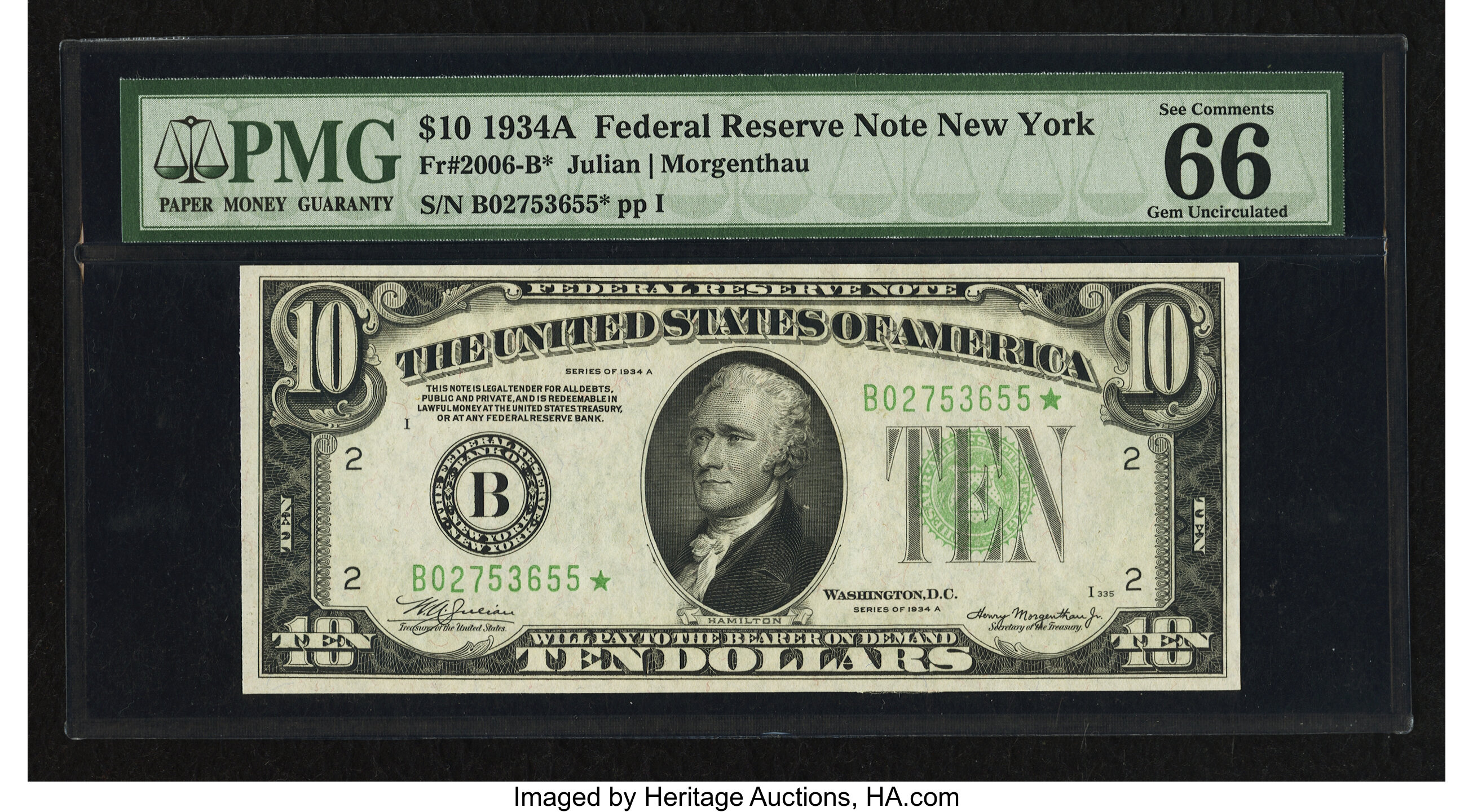 image for: Fr. 2006-B* $10 1934A Federal Reserve Note. PMG Gem Uncirculated 66....