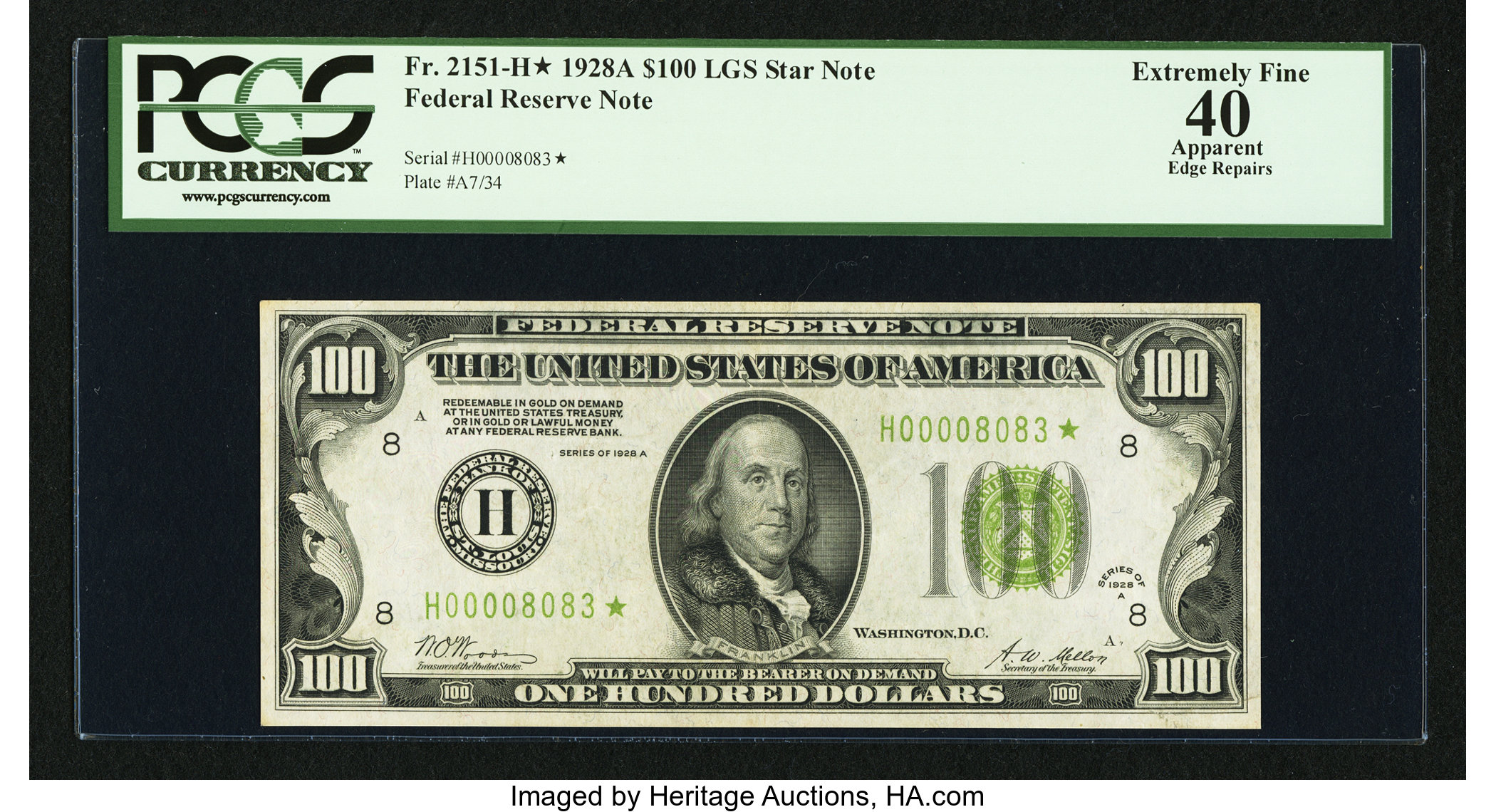 image for: Fr. 2151-H* $100 1928A Light Green Seal Federal Reserve Note. PCGS Apparent Extremely Fine 40....