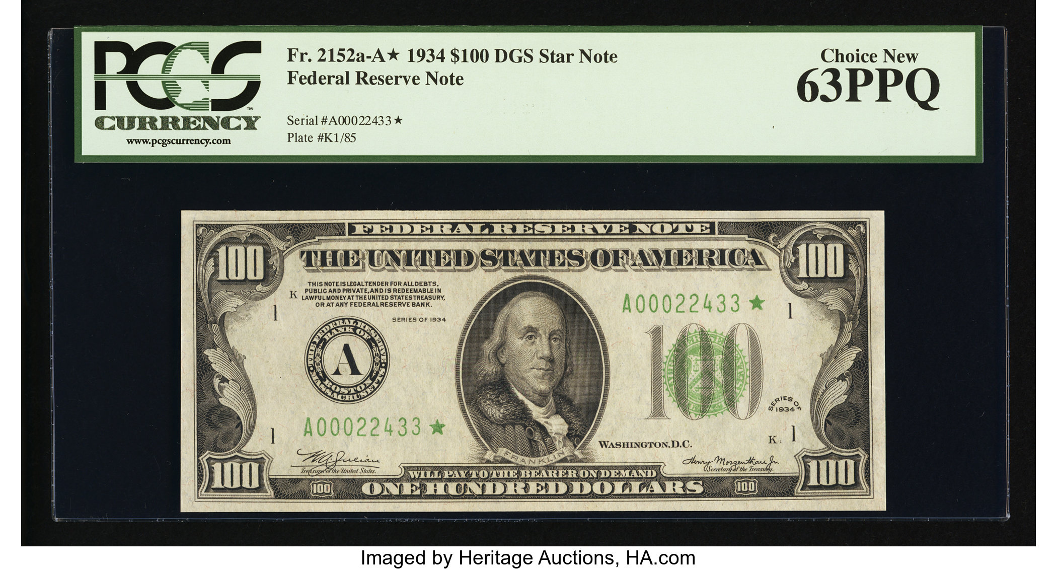 image for: Fr. 2152-A* $100 1934 Federal Reserve Note. PCGS Choice New 63PPQ....