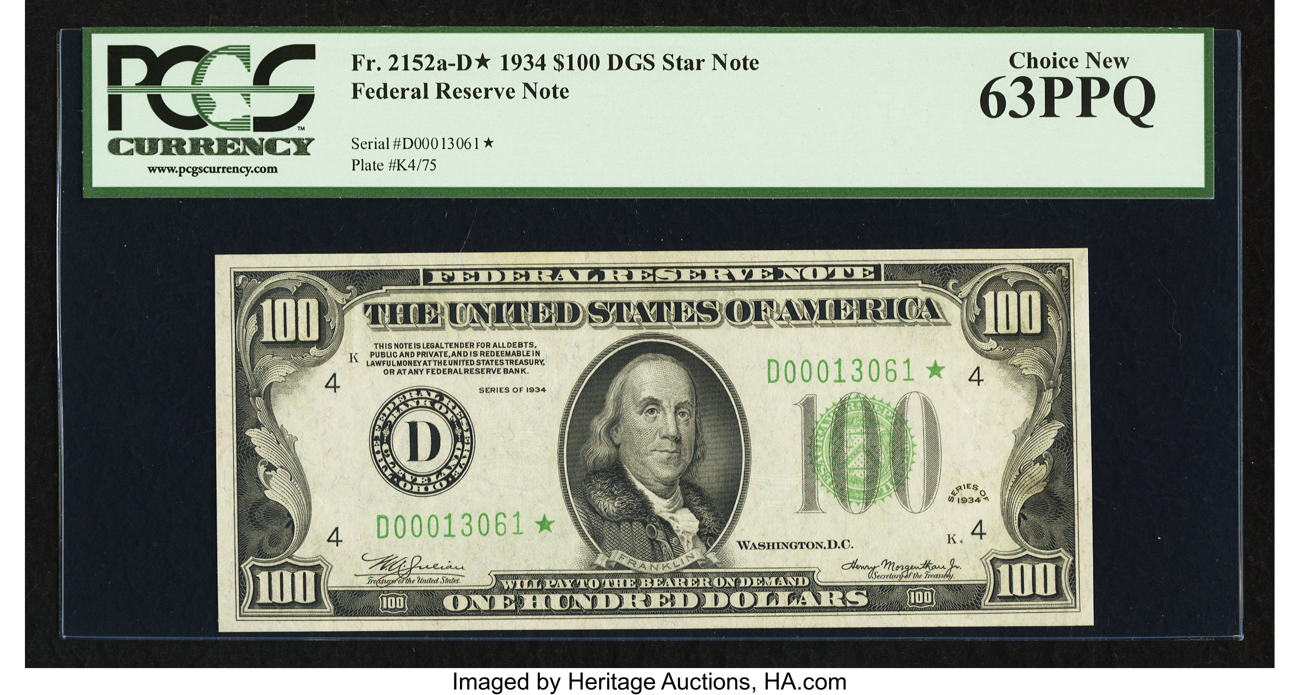 image for: Fr. 2152-D* $100 1934 Federal Reserve Note. PCGS Choice New 63PPQ....