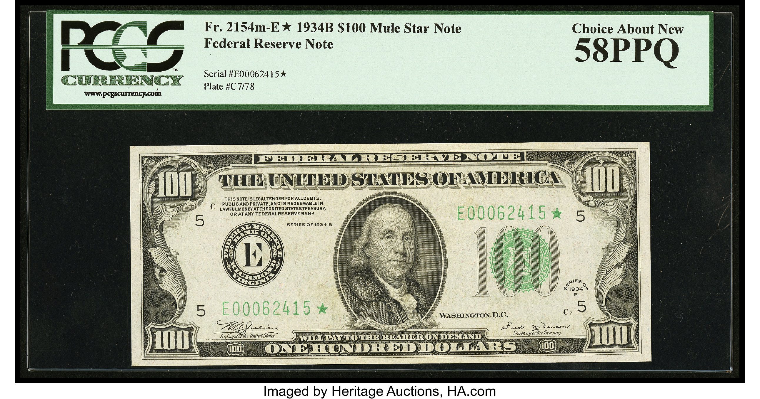 image for: Fr. 2154-E* $100 1934B Mule Federal Reserve Note. PCGS Choice About New 58PPQ....