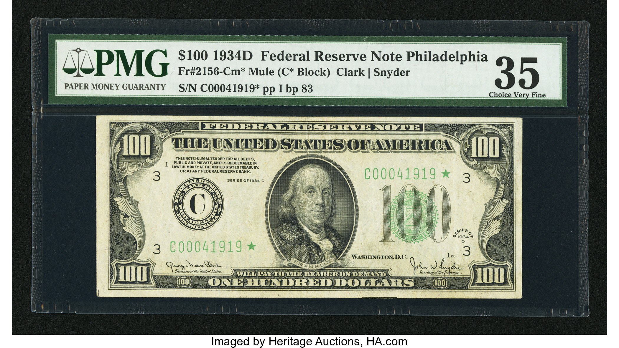 image for: Fr. 2156-C* $100 1934D Federal Reserve Note. PMG Choice Very Fine 35....