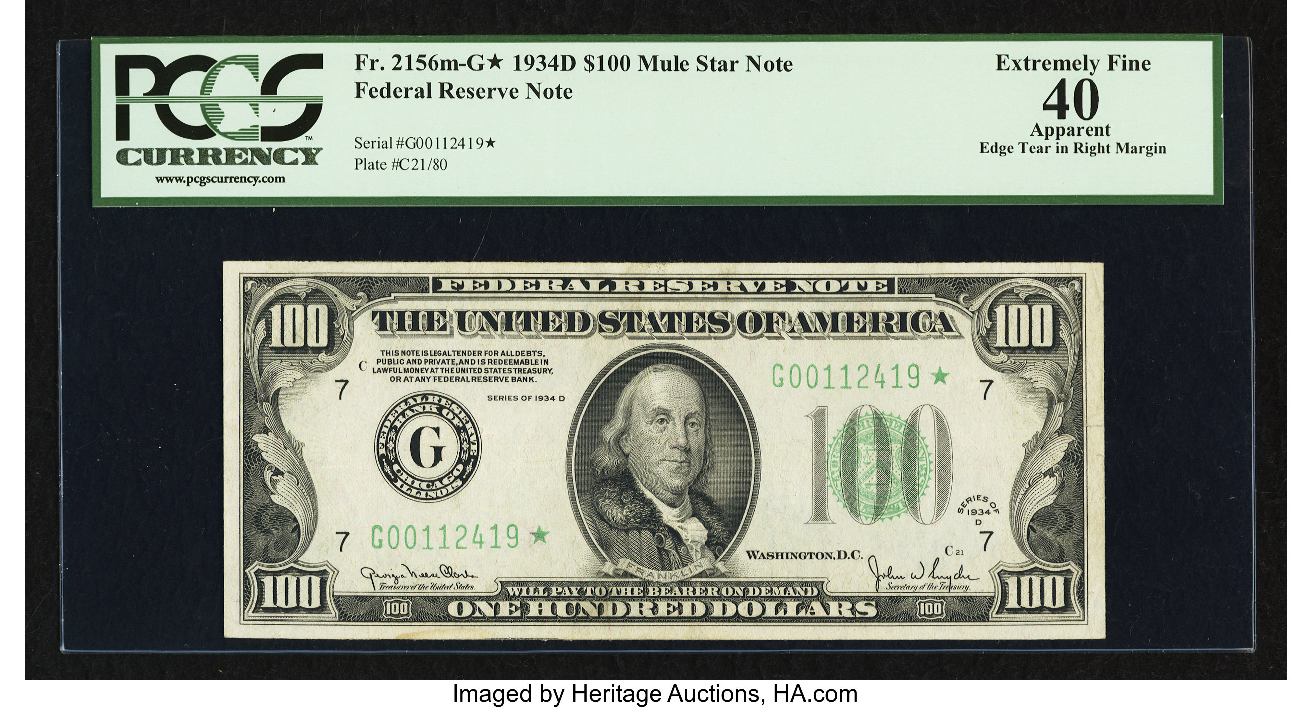 image for: Fr. 2156-G* $100 1934D Federal Reserve Note. PCGS Apparent Extremely Fine 40....