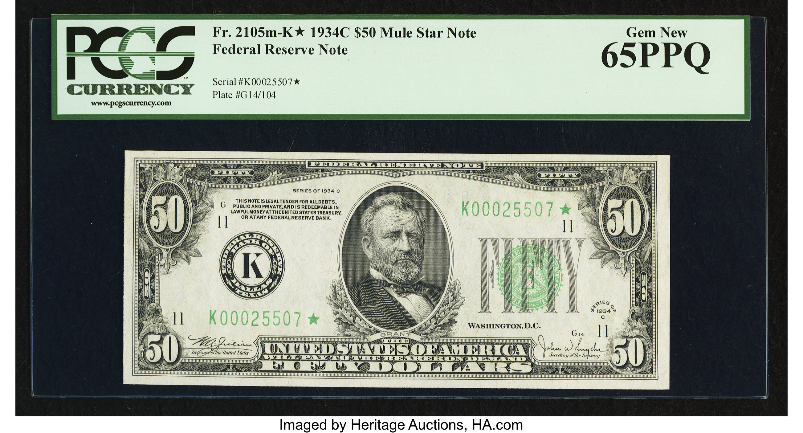 image for: Fr. 2105-K* $50 1934C Mule Federal Reserve Note. PCGS Gem New 65PPQ....