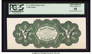 image for: Fr. 61 Hessler UNL $5 1863 Legal Tender Back Proof PCGS Apparent Choice About New 58....