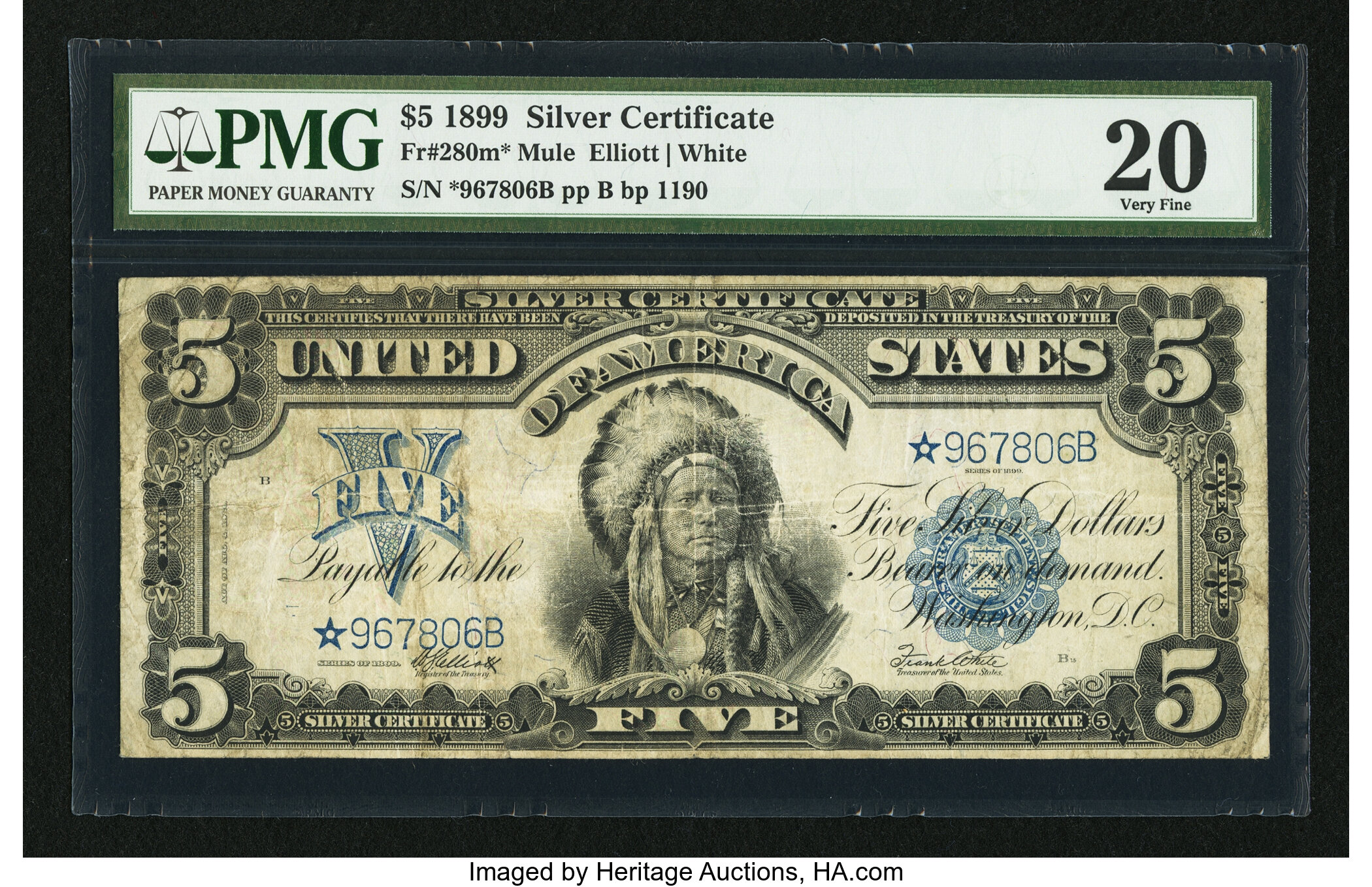 Fr. 280* $5 1899 Mule Silver Certificate PMG Very Fine 20. ...