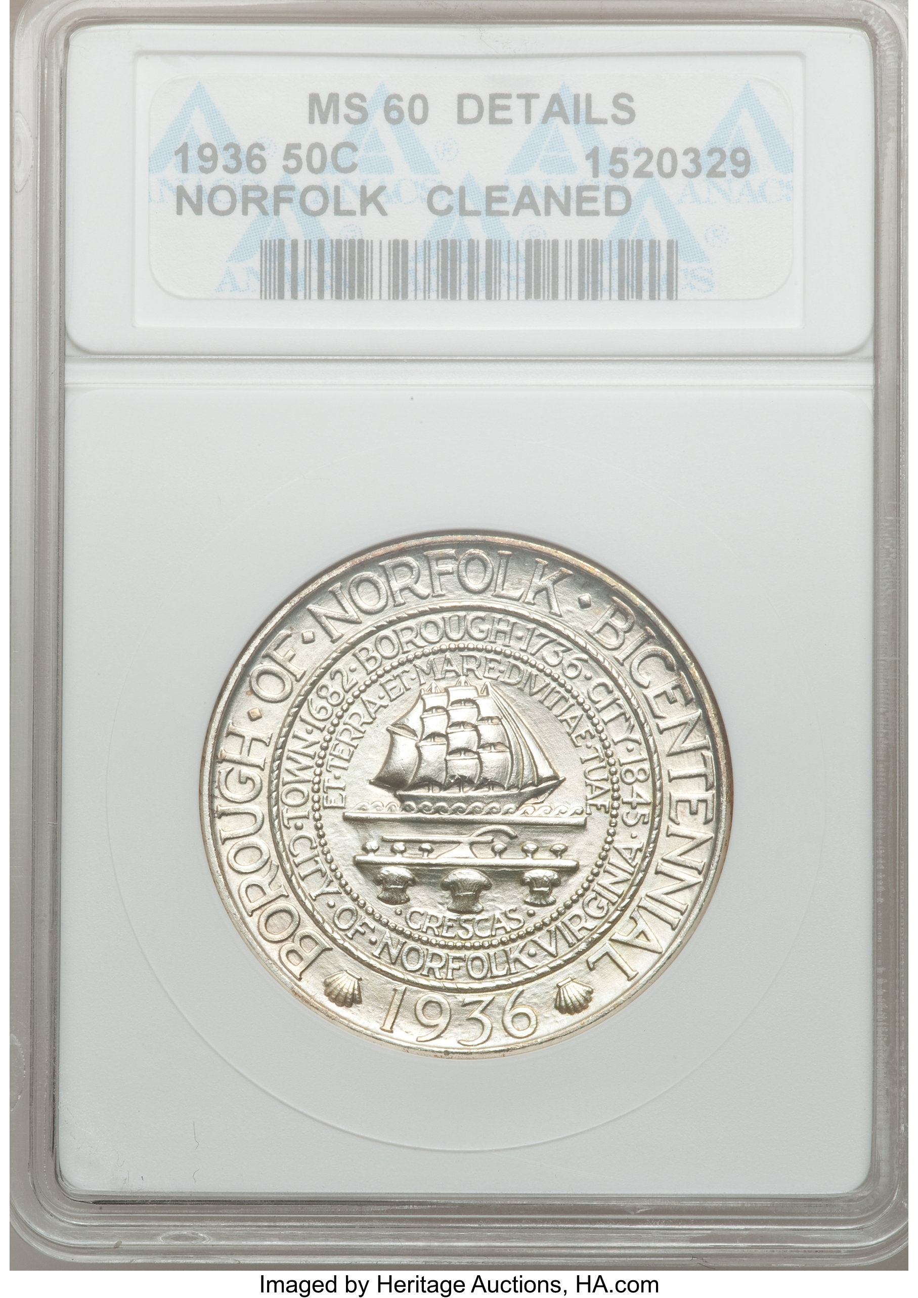 1936 50C Norfolk -- Cleaned -- ANACS. MS60 Details. NGC Census: (0/2587). PCGS Population (0/4673). Mintage: 16,936. Numism...