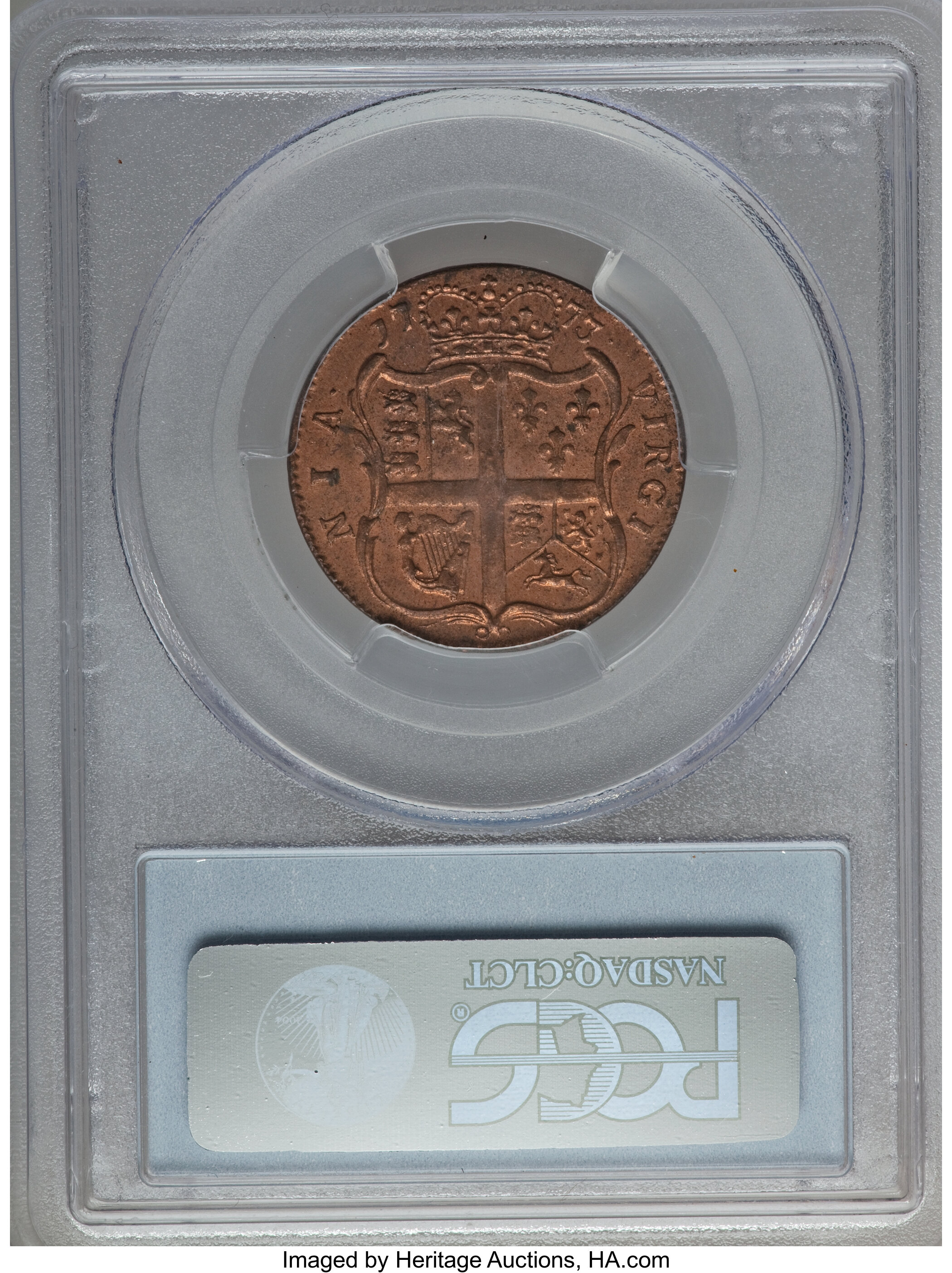 image for: 1773 1/2P Virginia Halfpenny, No Period MS63 Red PCGS. N. 7-D, W-1480, R.2....