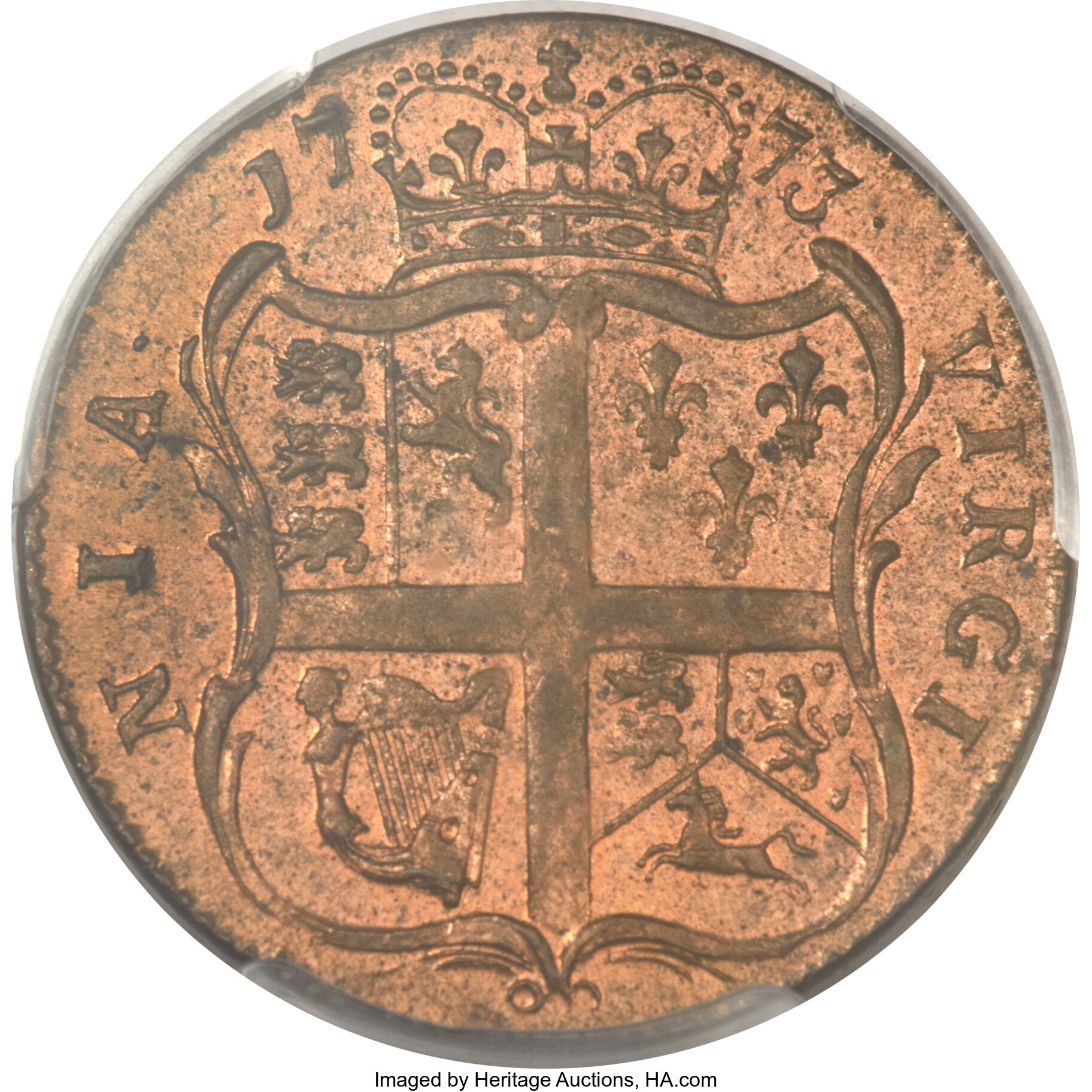 image for: 1773 1/2P Virginia Halfpenny, No Period MS63 Red PCGS. N. 7-D, W-1480, R.2....