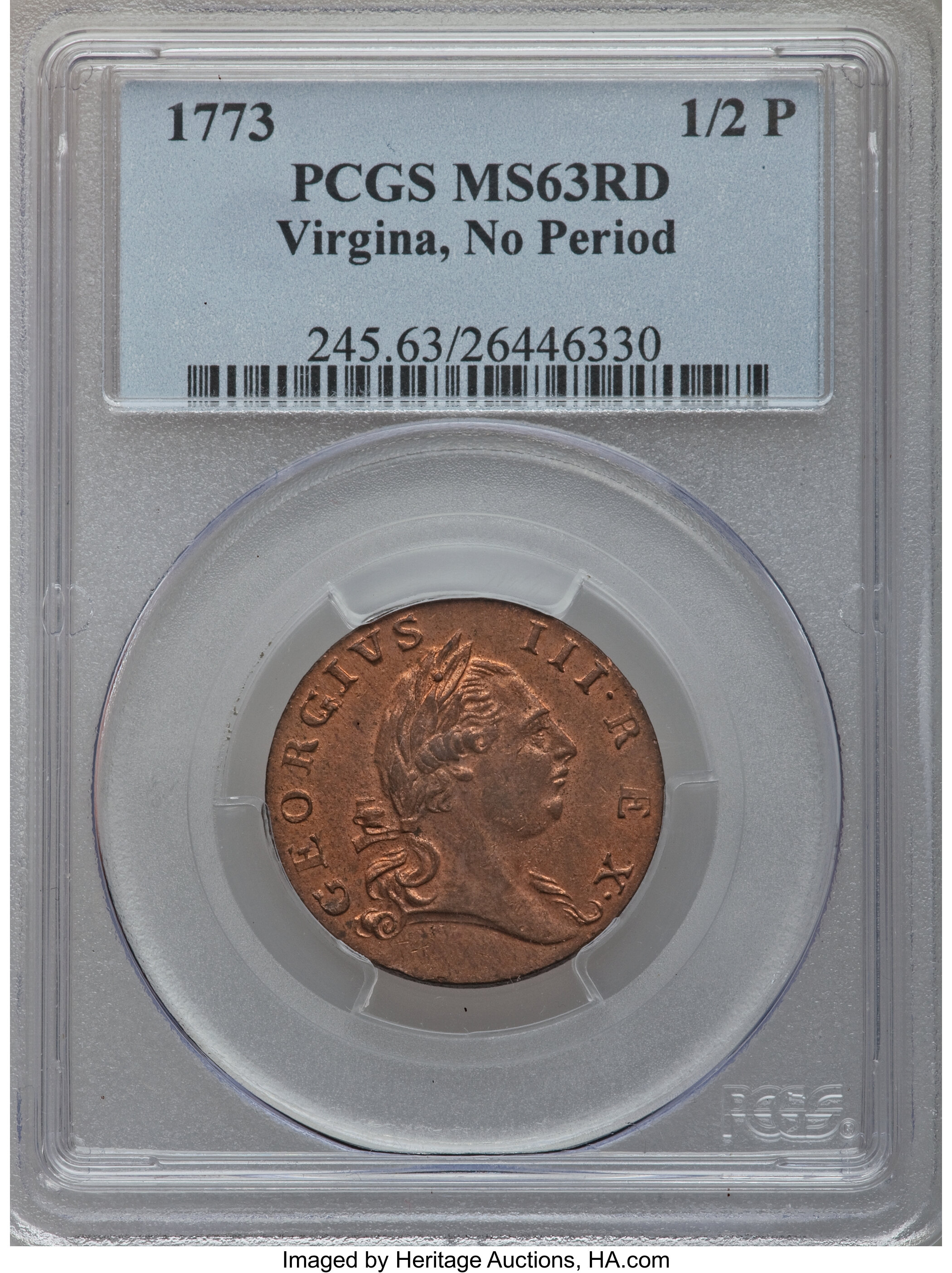 image for: 1773 1/2P Virginia Halfpenny, No Period MS63 Red PCGS. N. 7-D, W-1480, R.2....