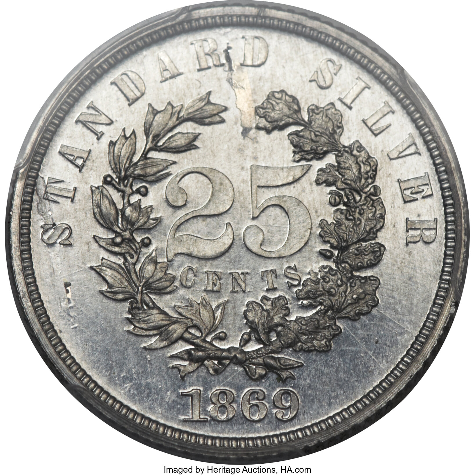 image for: 1869 25C Standard Silver Quarter Dollar, Judd-731, Pollock-812, High R.7 -- Laminated Planchet -- PR63 PCGS Secure....