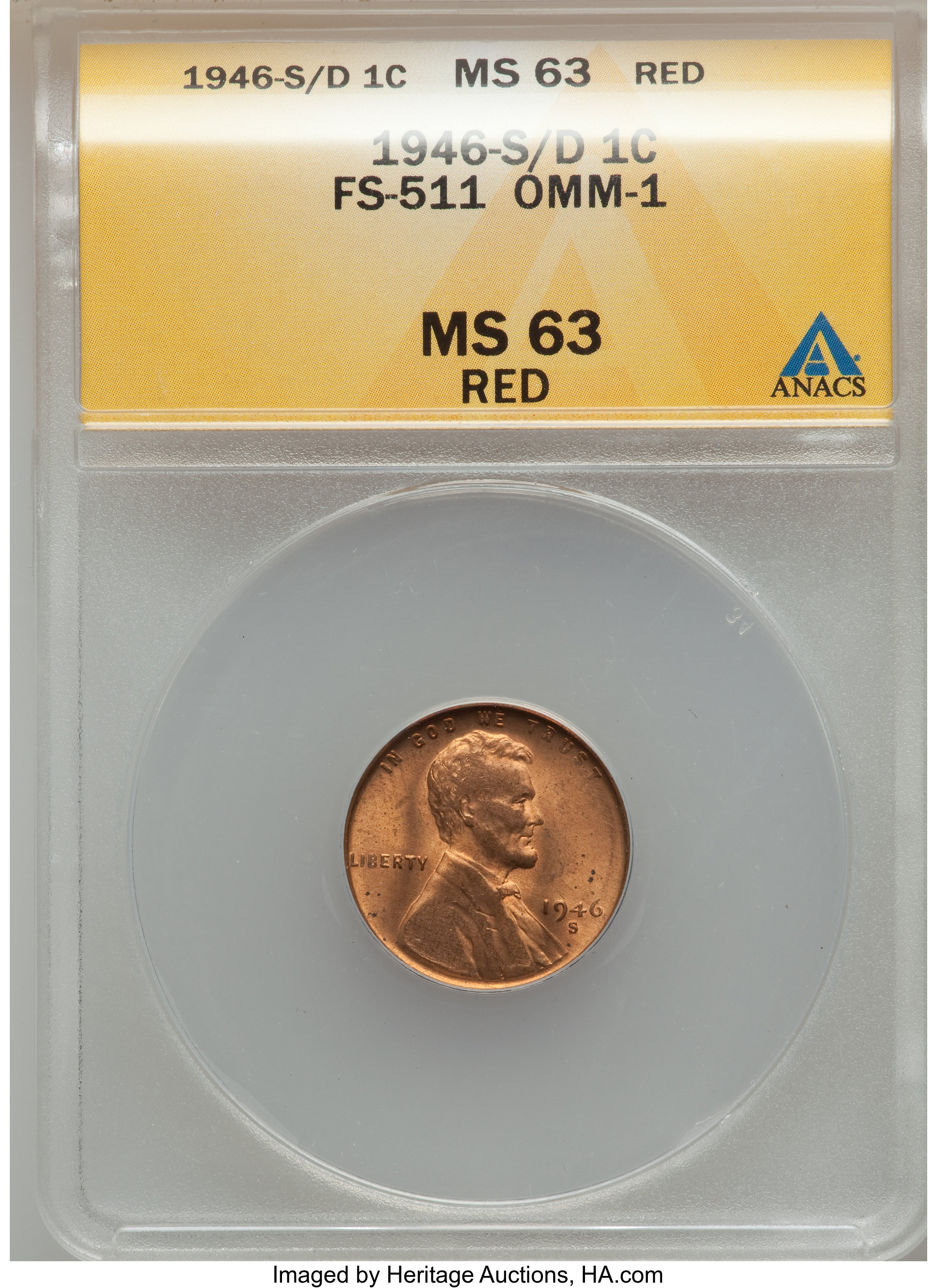 1946-S/D 1C MS63 Red ANACS. FS-511 OMM-1. NGC Census: (3/4951). PCGS Population (4/2662). Mintage: 198,100,000. (#2749)...