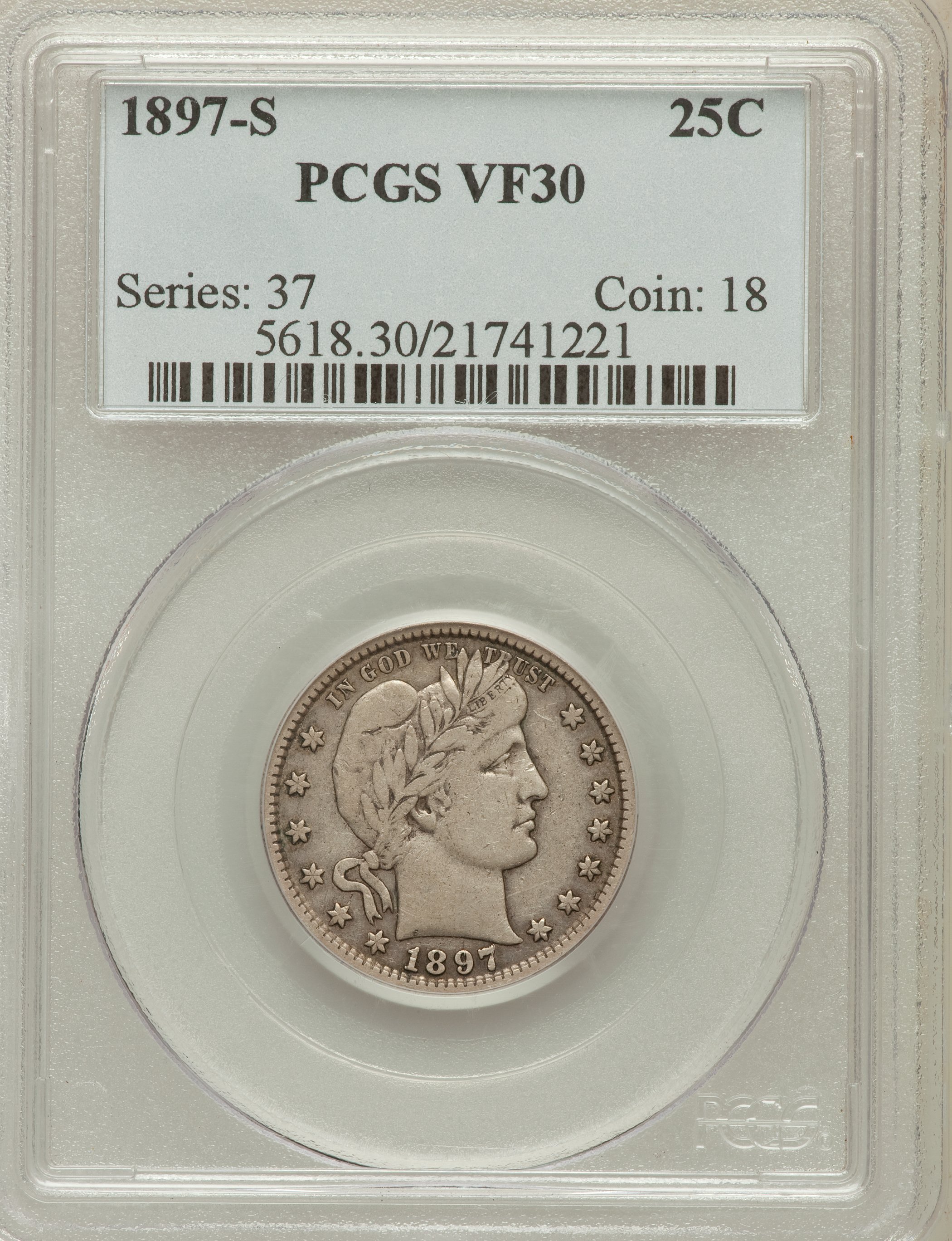 1897-S 25C VF30 PCGS. PCGS Population (6/84). NGC Census: (2/63). Mintage: 542,229. Numismedia Wsl. Price for problem free ...