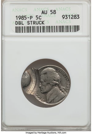 image for: 1985-P 5C Jefferson Nickel Double Struck AU58 ANACS. NGC Census: (0/52). PCGS Population (1/63). Mintage: 647,114,944. Numi...