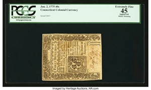 image for: Uncancelled Connecticut January 2, 1775 40s PCGS Apparent Extremely Fine 45....