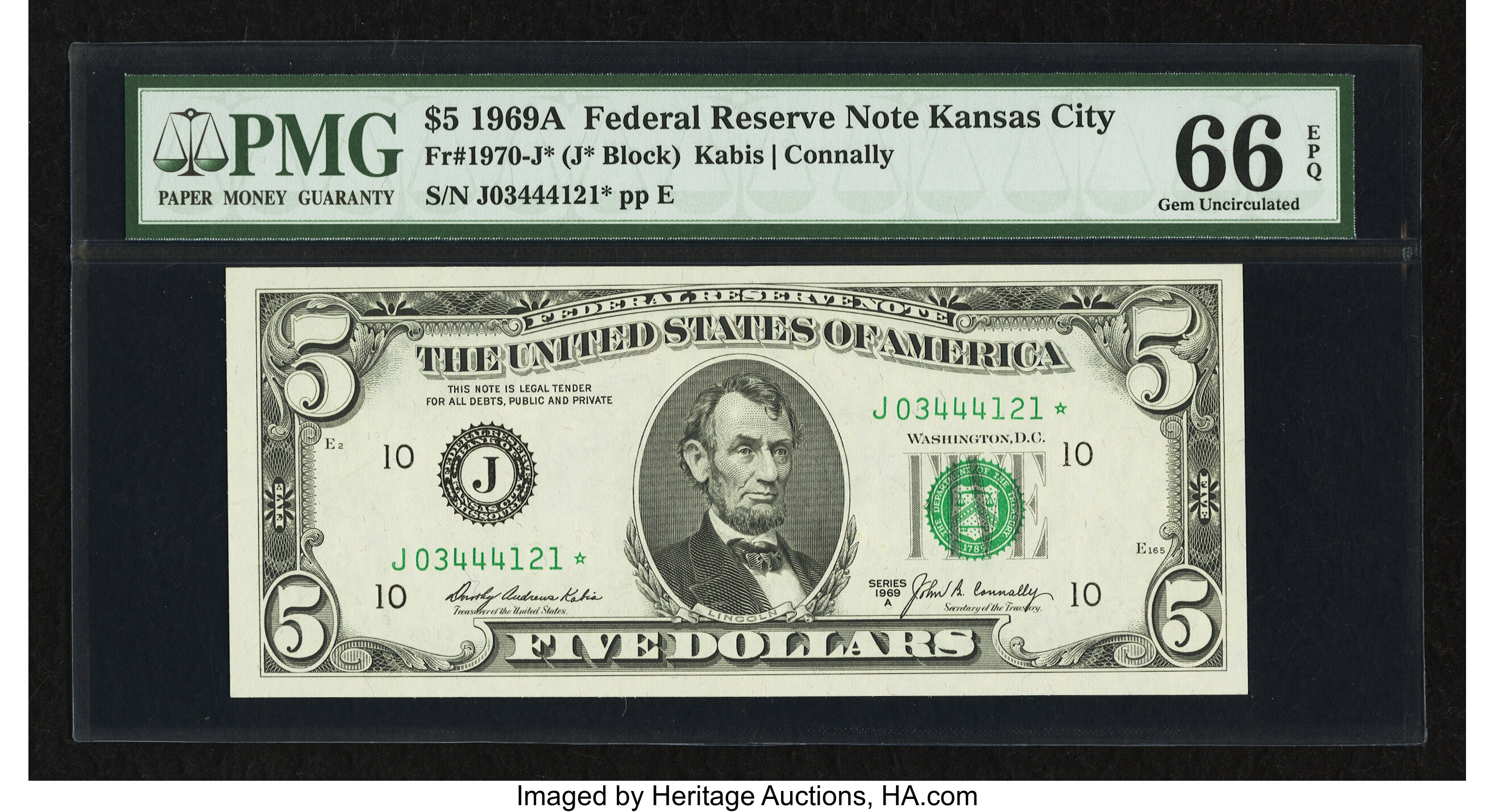 image for: Fr. 1970-J* $5 1969A Federal Reserve Note. PMG Gem Uncirculated 66 EPQ....