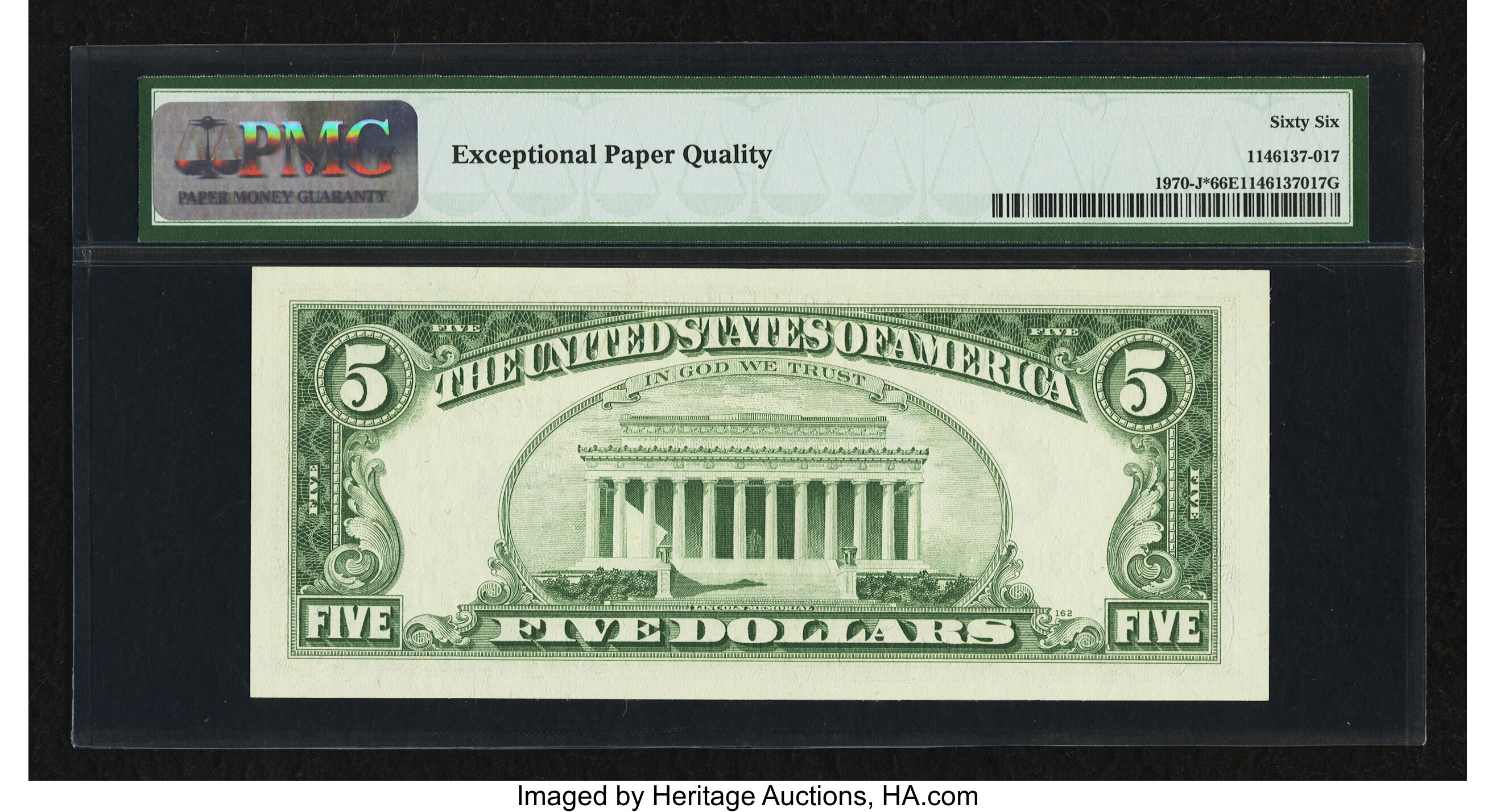 image for: Fr. 1970-J* $5 1969A Federal Reserve Note. PMG Gem Uncirculated 66 EPQ....