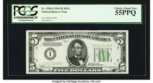 image for: Fr. 1956-I $5 1934 Non-Mule Dark Green Seal Federal Reserve Note. PCGS Choice About New 55PPQ....