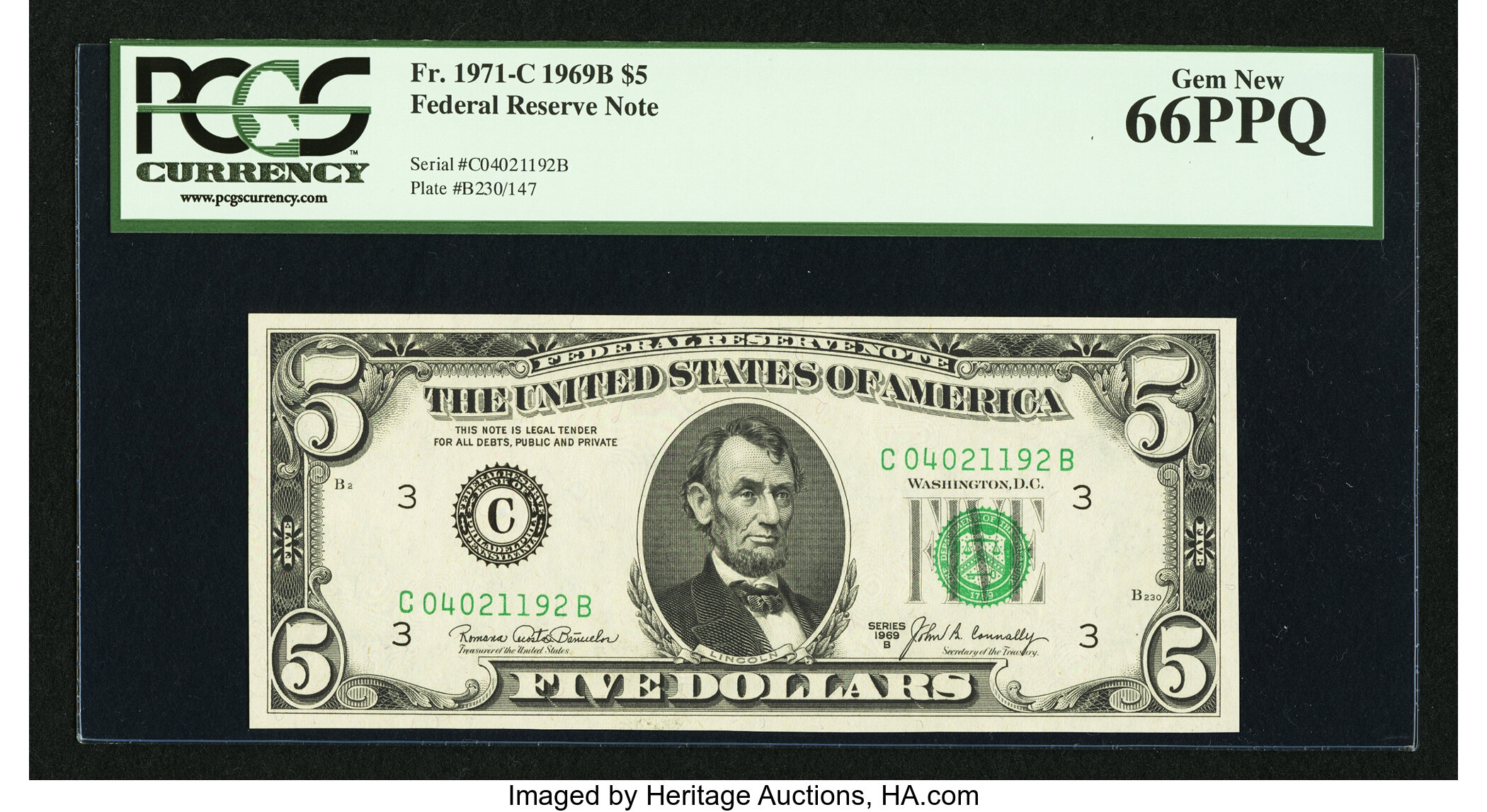 image for: Fr. 1971-C $5 1969B Federal Reserve Note. PCGS Gem New 66PPQ....