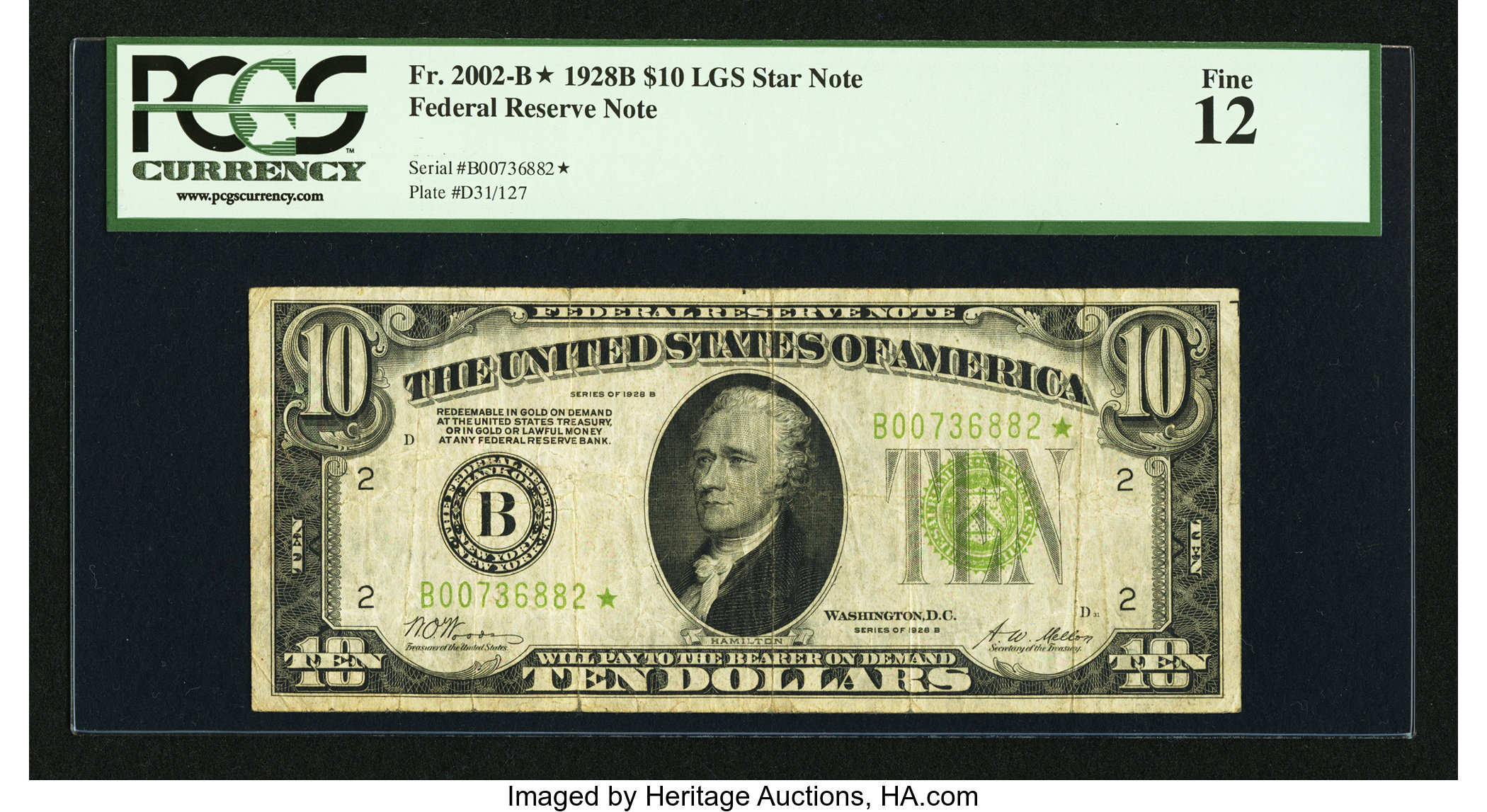 image for: Fr. 2002-B* $10 1928B Light Green Seal Federal Reserve Note. PCGS Fine 12....