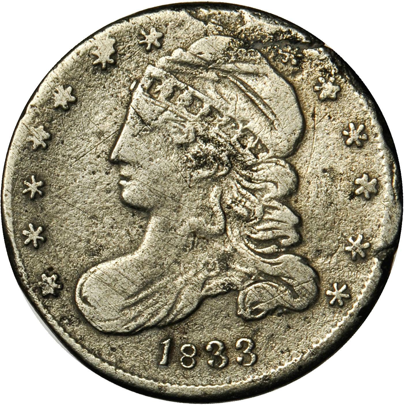Circulating Contemporary Counterfeit 1833 Capped Bust Dime. VG.