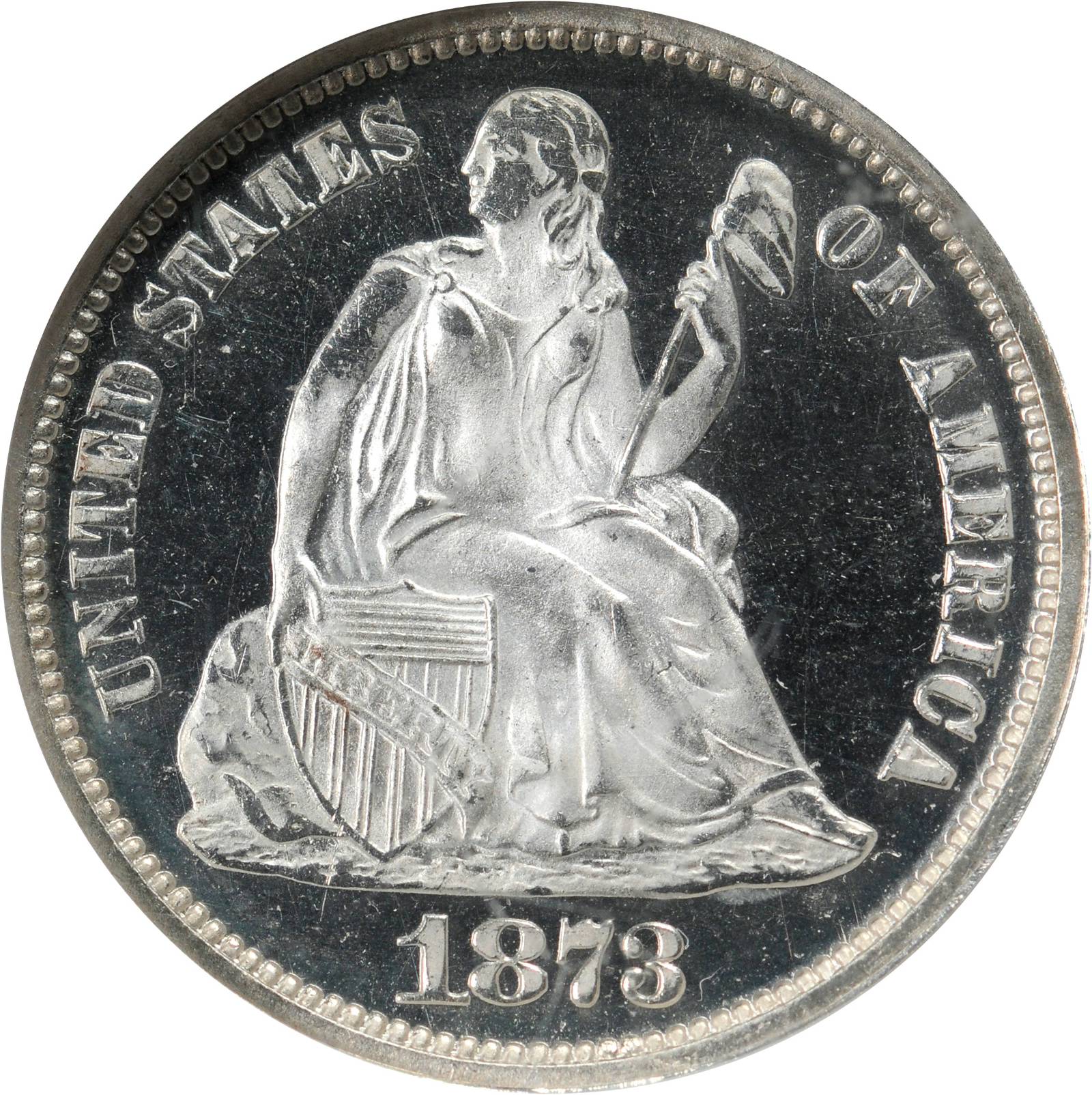 image for: 1873 Liberty Seated Dime. No Arrows. Close 3. Proof-67 Ultra Cameo (NGC).