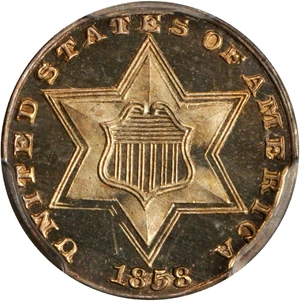 image for: 1858 Silver Three-Cent Piece. Proof-66 Cameo (PCGS). CAC. Secure Holder.