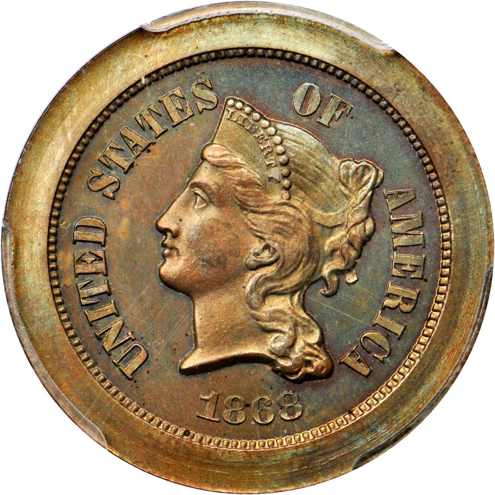 image for: 1868 Pattern Five-Cent Piece. Judd-627, Pollock-696. Rarity-7-. Copper. Plain Edge. Proof-64 BN (PCGS).