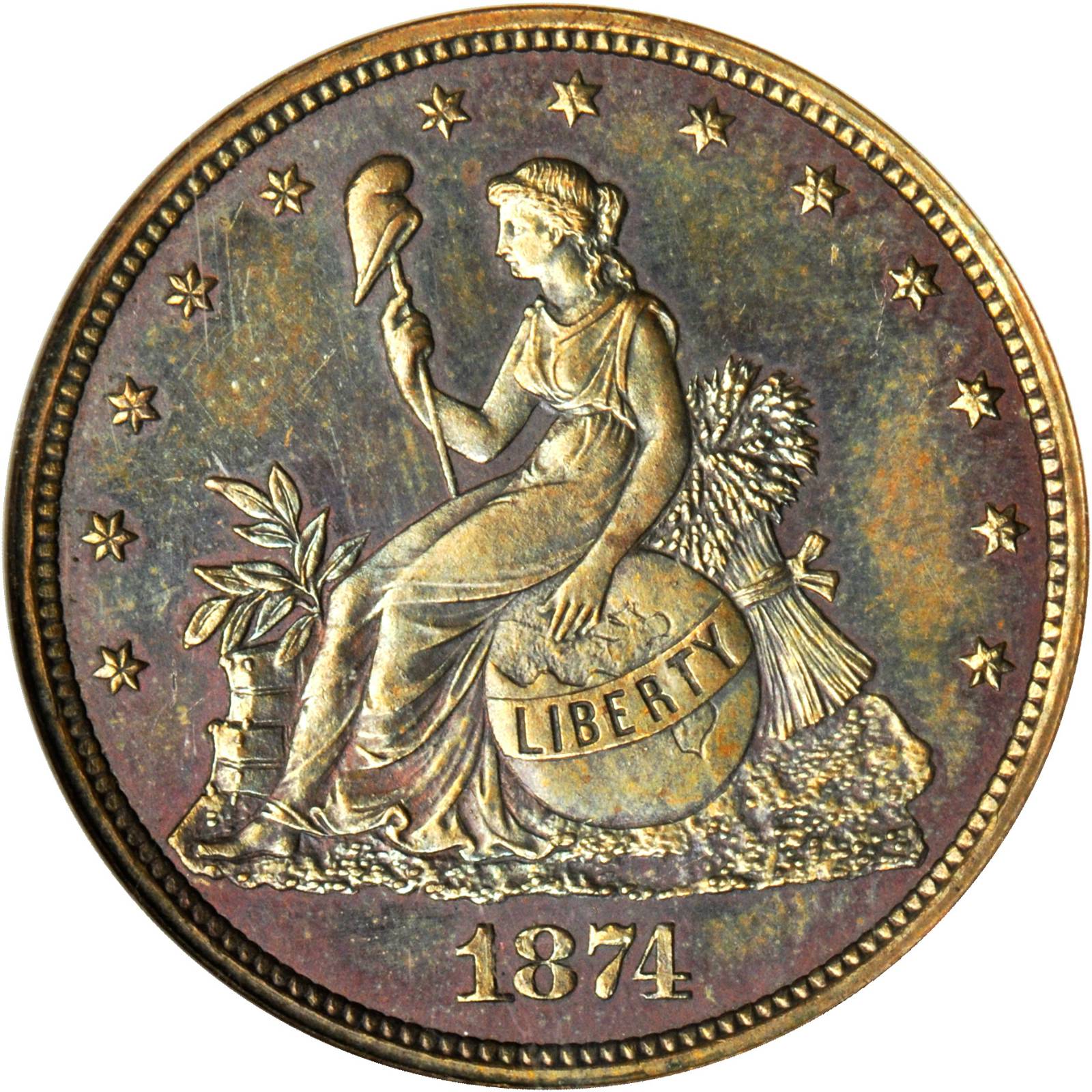 image for: 1874 Pattern Twenty-Cent Piece. Judd-1355, Pollock-1499. Rarity-6-. Copper. Plain Edge. Proof-65 RB (NGC). OH.