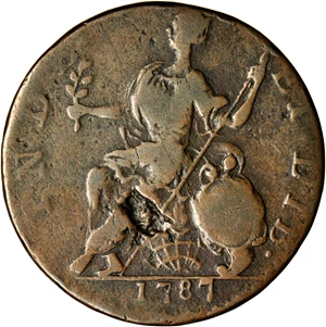 image for: 1787 Connecticut Copper. Miller 1.3-L, W-2735. Rarity-6. Mailed Bust Right, INDE ET LIB. VG-10 (PCGS).