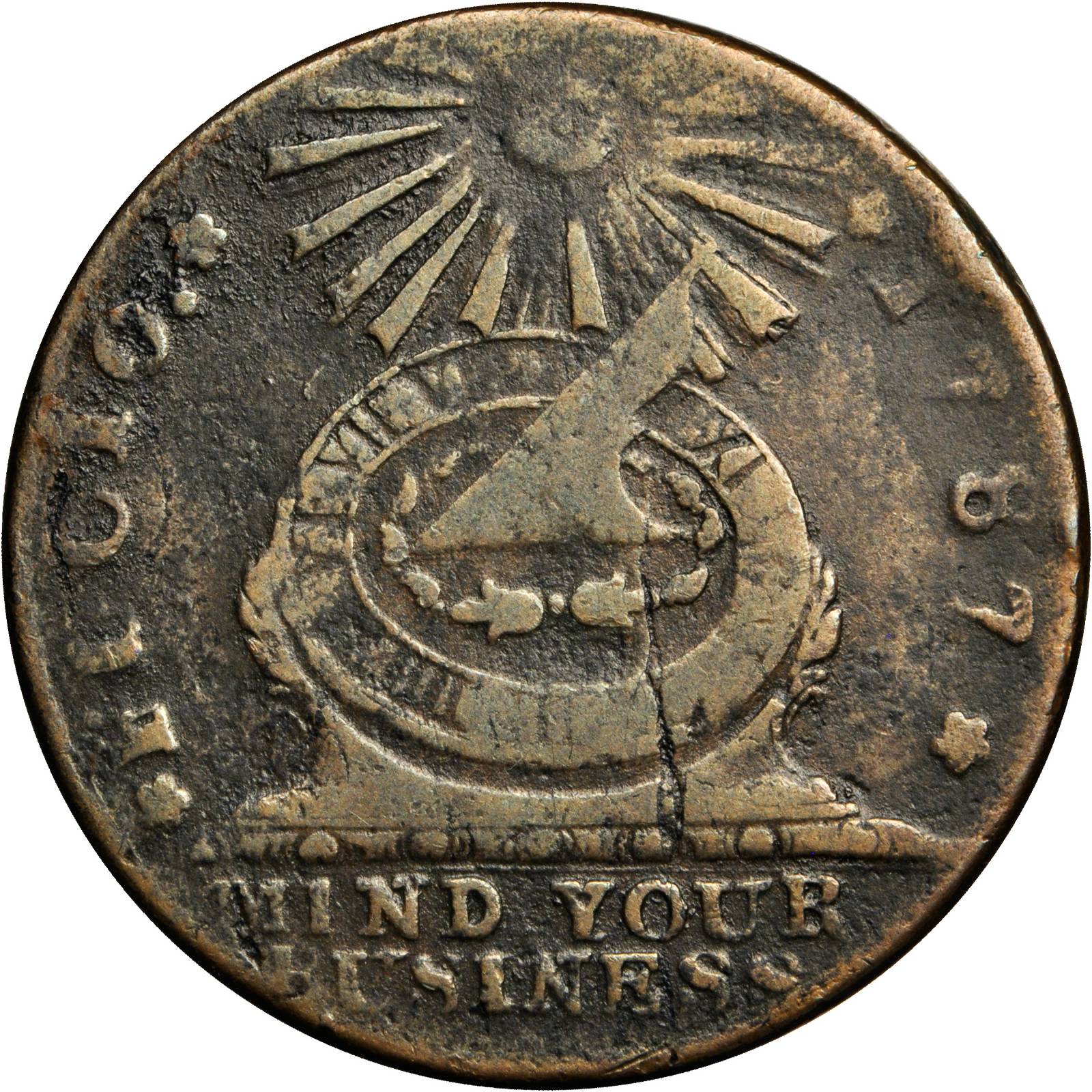 image for: 1787 Fugio Copper. Club Rays. Newman 2-C, W-6630. Rarity-6. Concave Ends, FUCIO. VF-20 (PCGS).