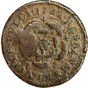 image for: 1722 Rosa Americana Halfpenny. Martin 1.1-A.1, W-1214. Rarity-5. VTILE DVLCI--Counterstamped--VG-8.