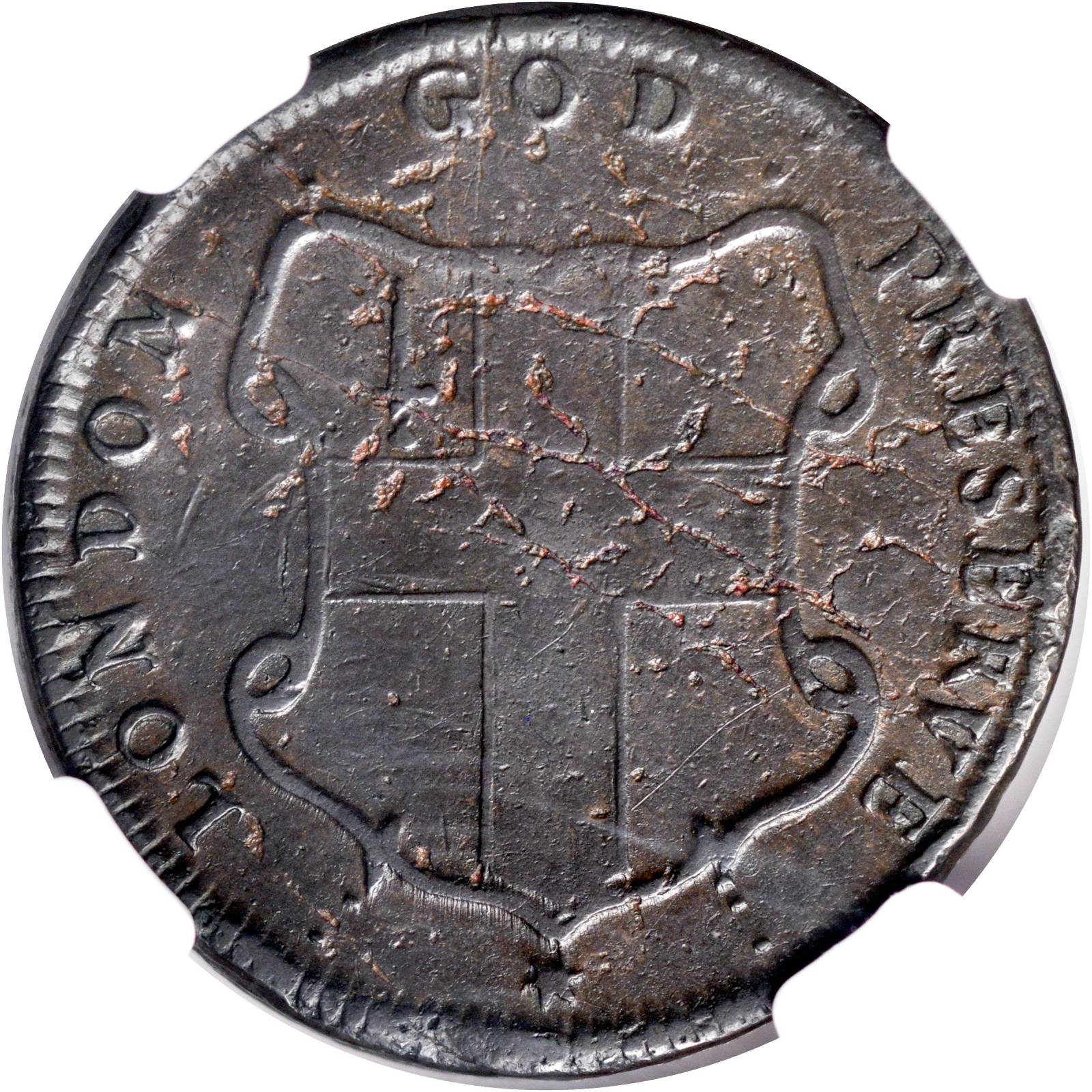image for: Undated (Circa 1694) London Elephant Token. GOD PRESERVE LONDON. Hodder 2-B, W-12040. Thick Planchet. EF Details--Rim Damage (NGC).