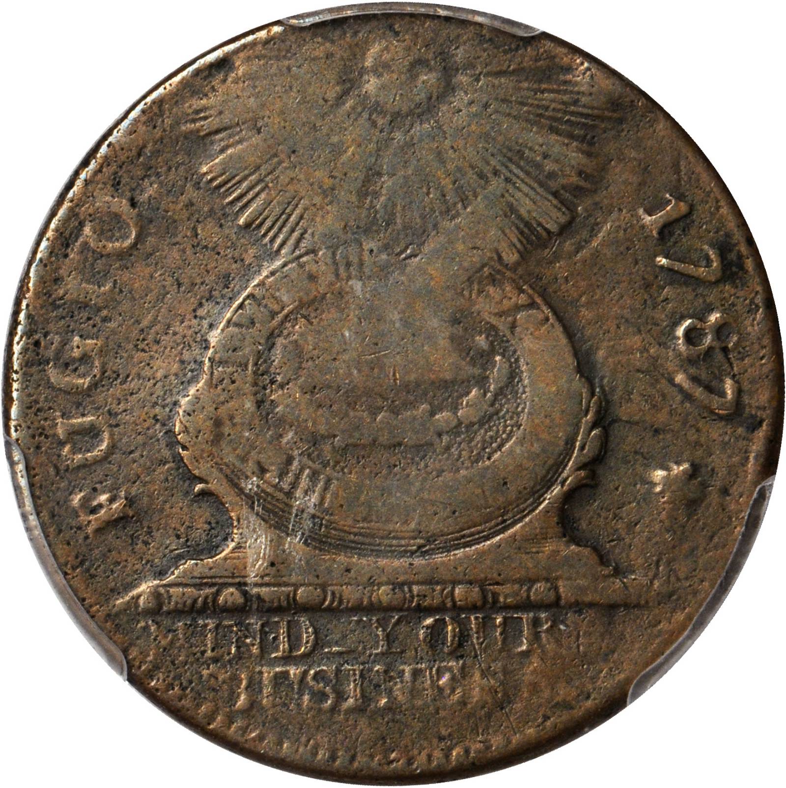 image for: 1787 Fugio Copper. Pointed Rays. Newman 1-L, W-6605. Rarity-5. Obverse Cross After Date, No Cinquefoils, STATES UNITED. Fine-12 (PCGS).