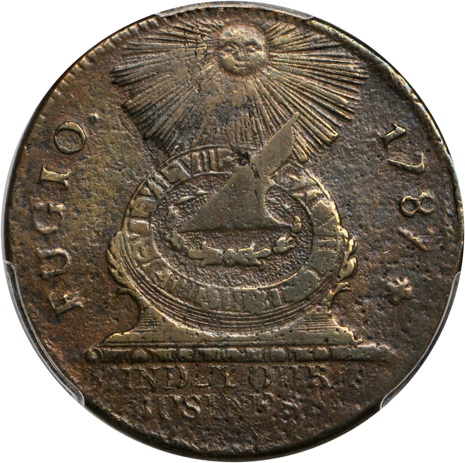 image for: 1787 Fugio Copper. Pointed Rays. Newman 1-Z, W-6610. Rarity-7. Obverse Cross After Date, No Cinquefoils, Label With Raised Rims, STATES ...