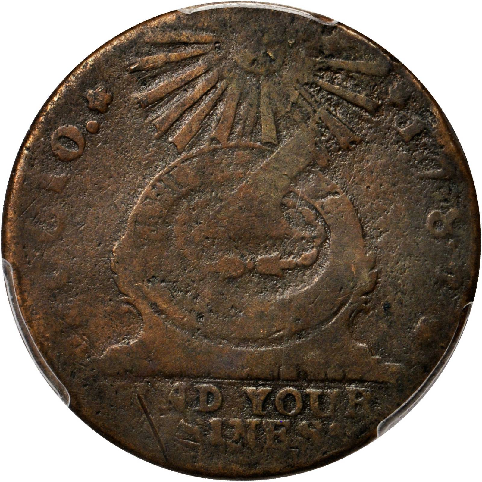 image for: 1787 Fugio Copper. Club Rays. Newman 2-C, W-6630. Rarity-6. Concave Ends, FUCIO, UNITED STATES. VG-8 (PCGS).