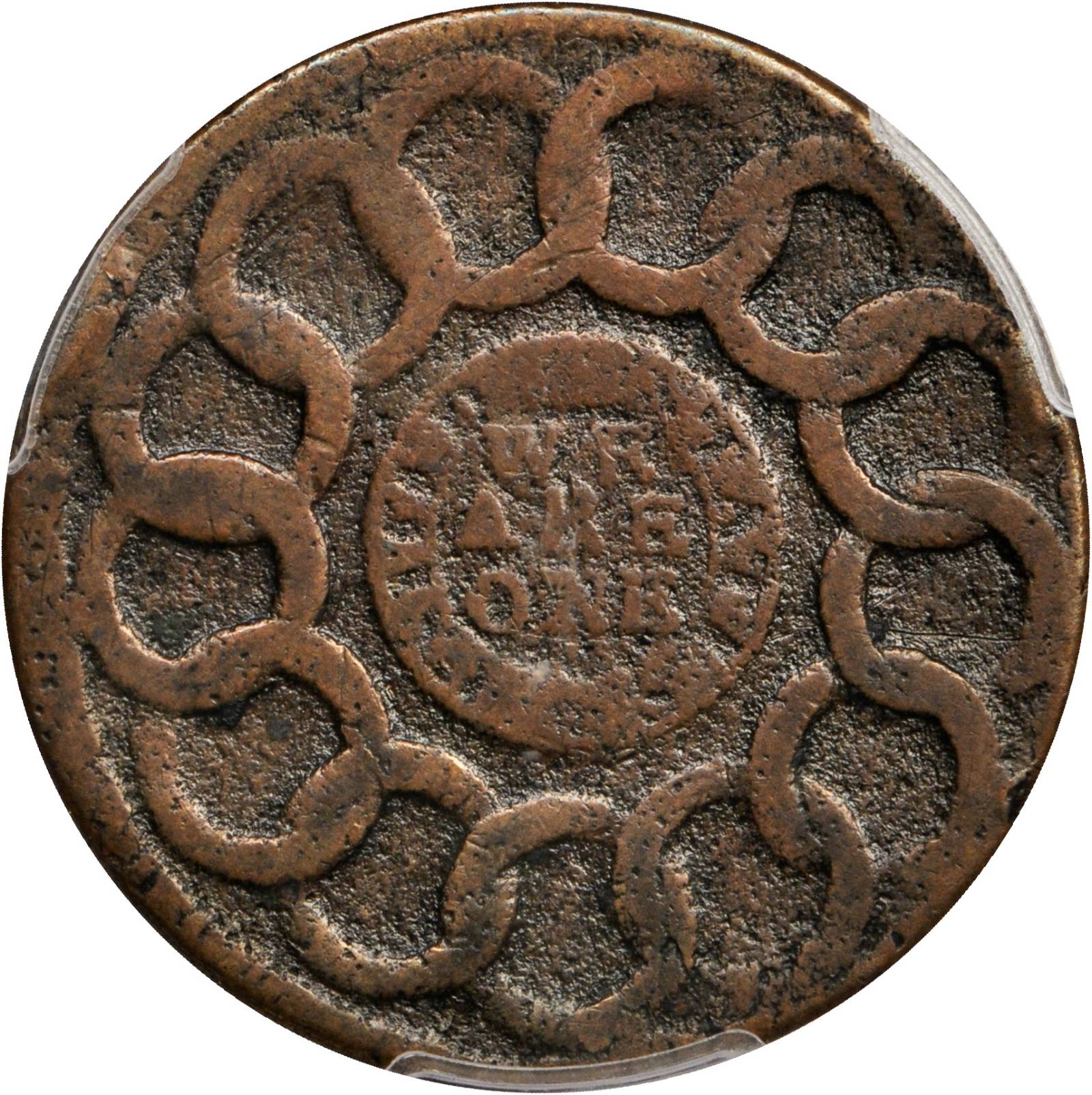 image for: 1787 Fugio Copper. Club Rays. Newman 2-C, W-6630. Rarity-6. Concave Ends, FUCIO, UNITED STATES. VG-8 (PCGS).