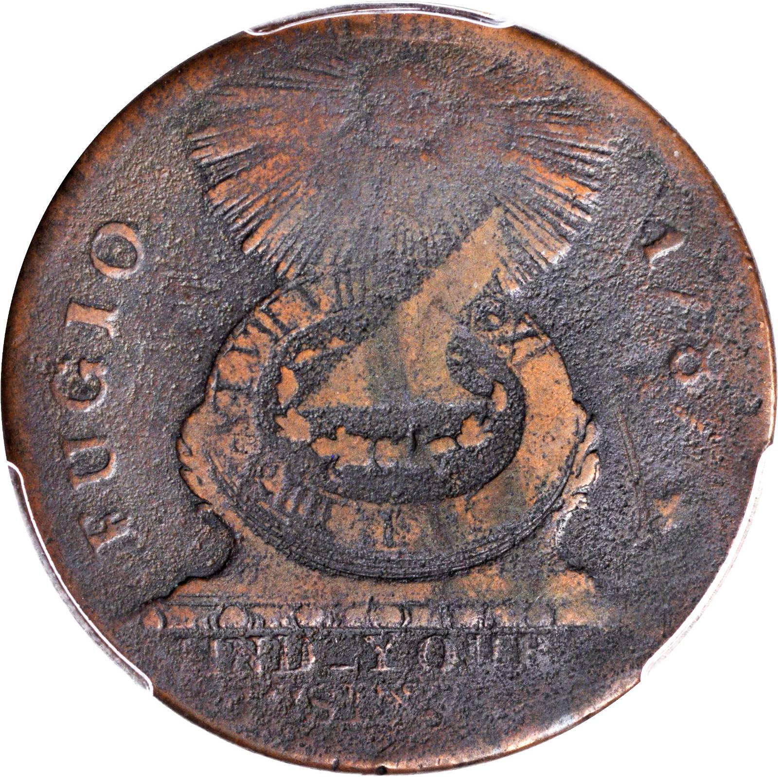 image for: 1787 Fugio Copper. Pointed Rays. Newman 1-Z, W-6610. Rarity-7. Obverse Cross After Date, No Cinquefoils, Reverse Label with Raised Rims....