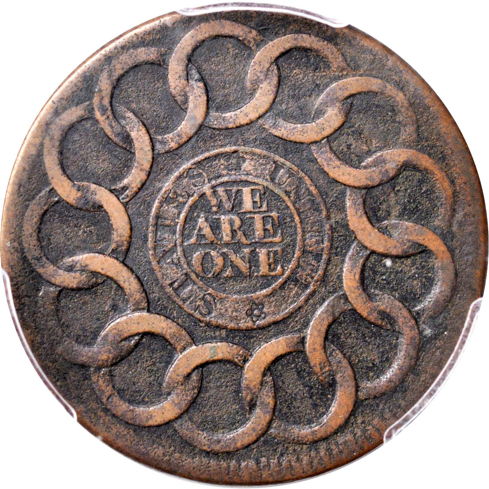 image for: 1787 Fugio Copper. Pointed Rays. Newman 1-Z, W-6610. Rarity-7. Obverse Cross After Date, No Cinquefoils, Reverse Label with Raised Rims....