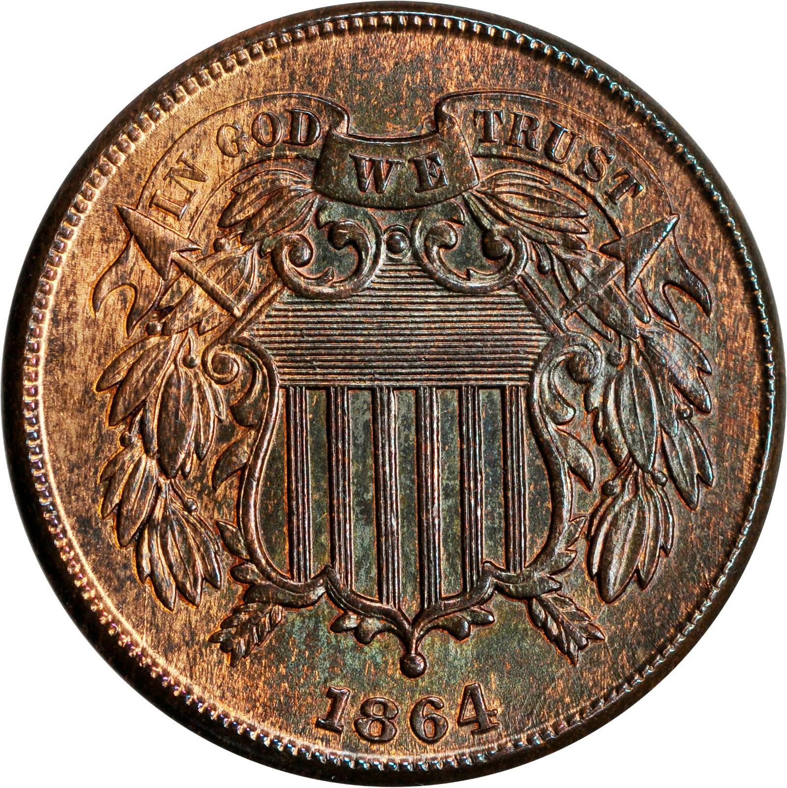 1864 Two-Cent Piece. Large Motto. Unc Details--Questionable Color (PCGS).