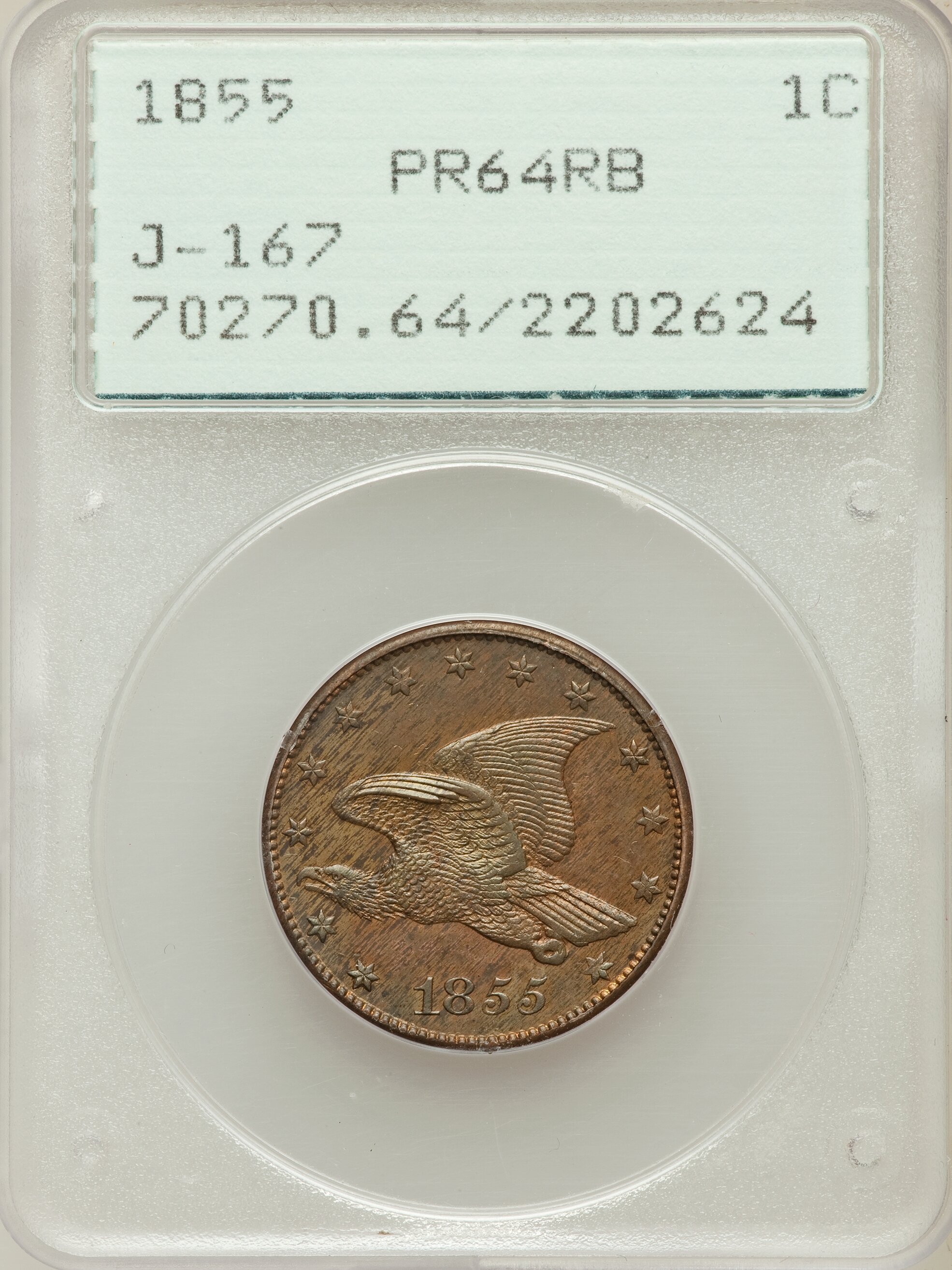 image for: 1855 P1C Flying Eagle Cent, Judd-167 Original, Pollock-193, R.5, PR64 Red and Brown PCGS....