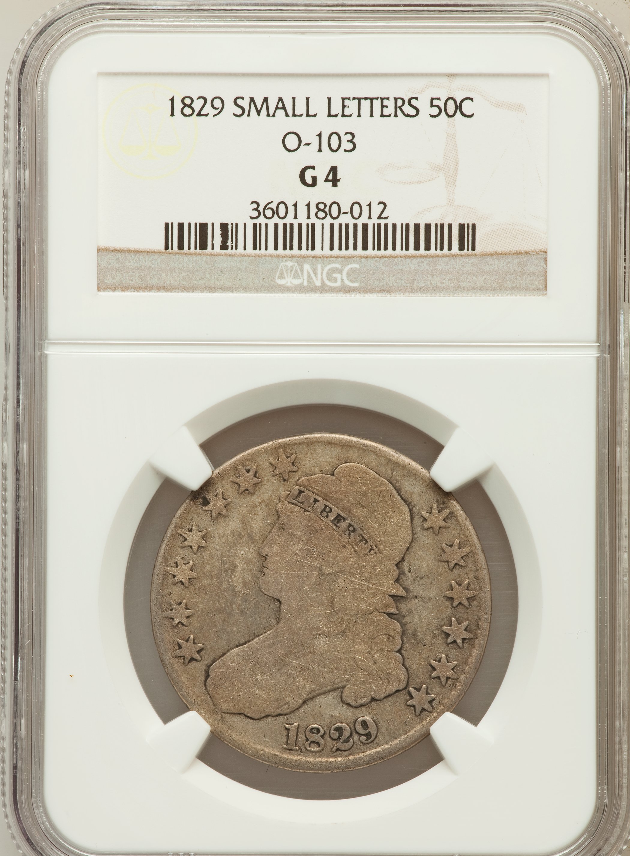 1829 50C Small Letters Good 4 NGC. O-103. NGC Census: (8/1148). PCGS Population (2/1440). Mintage: 3,712,156. Numismedia Ws...